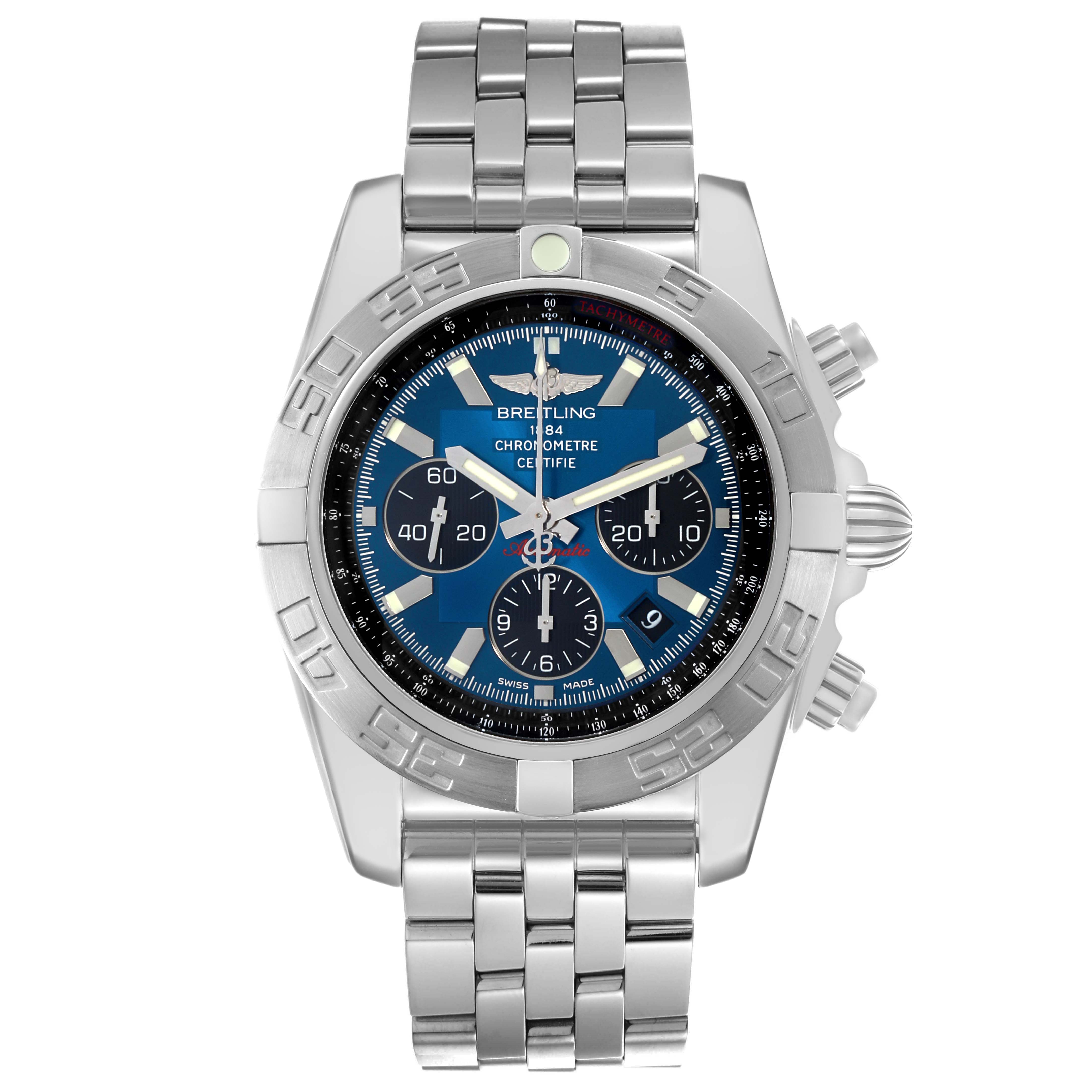 The image shows a frontal view of the Breitling Chronomat AB0110/A011C89PA Men's Stainless Steel Blue Dial watch, highlighting the dial, bezel, and bracelet.