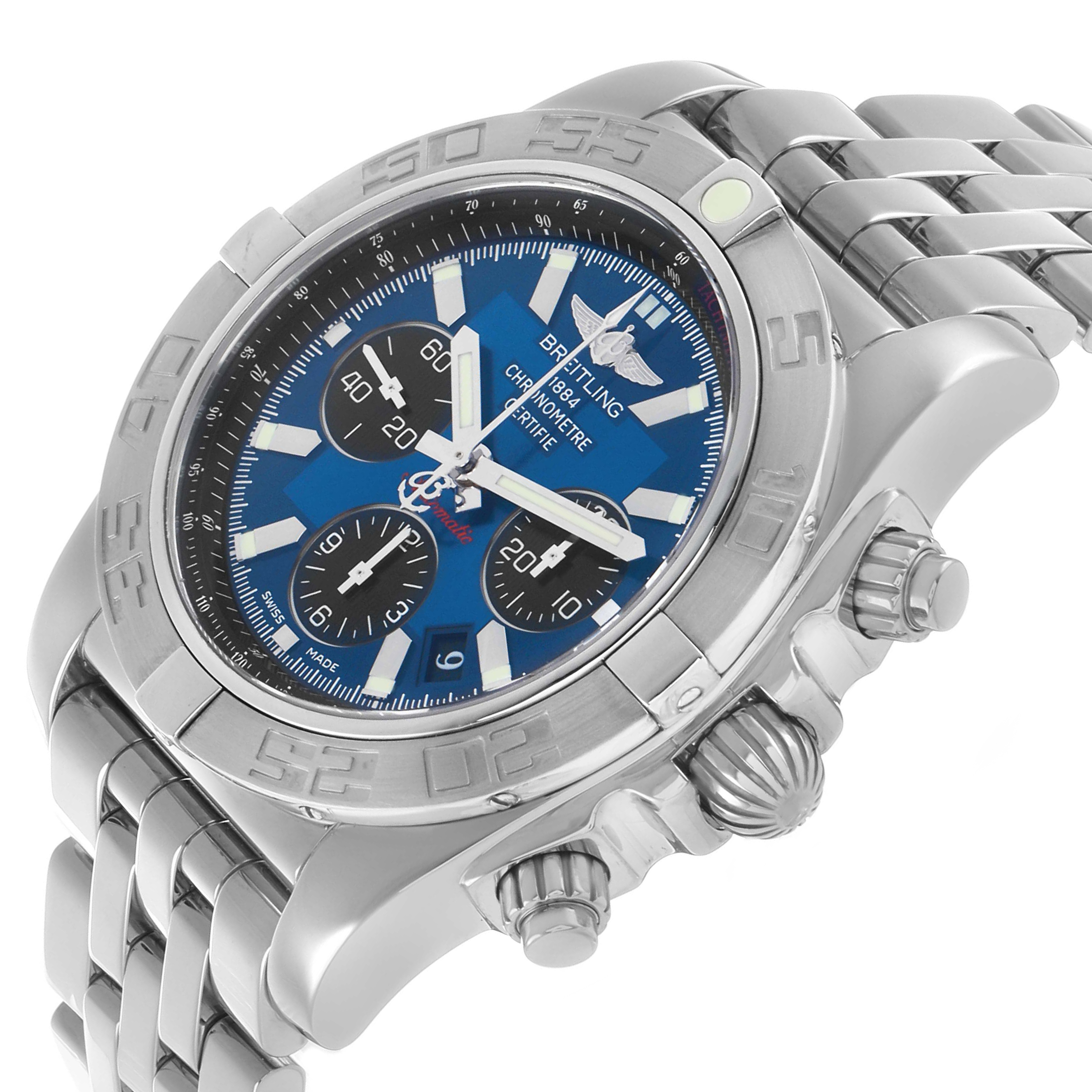 The Breitling Chronomat AB0110/A011C89PA Men's Stainless Steel Blue Dial watch is shown at a slight angle, highlighting the bezel, crown, subdials, and stainless steel bracelet.