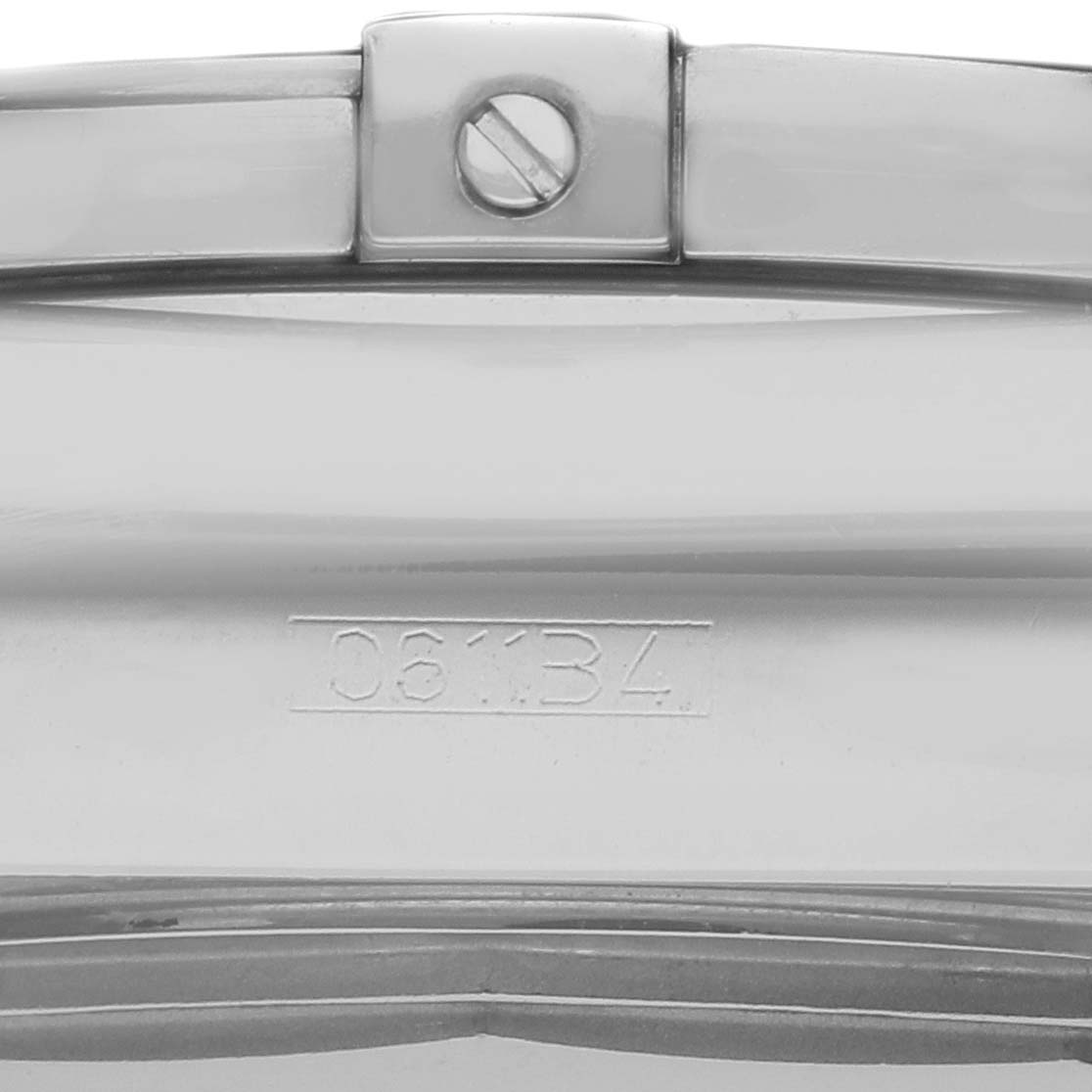 This close-up image of the Breitling Chronomat AB0110/A011C89PA Men's Stainless Steel Blue Dial watch shows a part of the metal bracelet with a visible screw and stamped number.