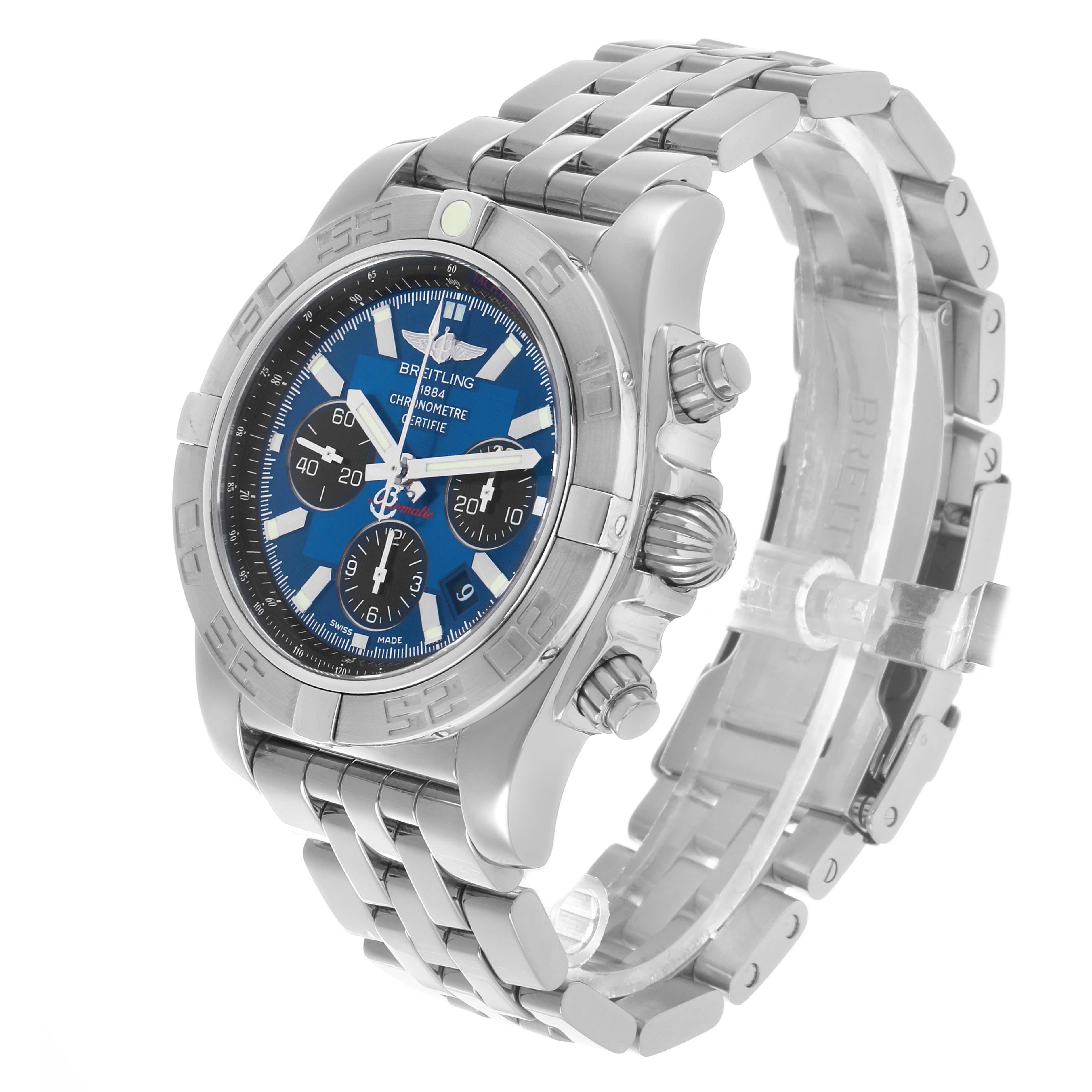 The Breitling Chronomat AB0110/A011C89PA Men's Stainless Steel Blue Dial watch is shown at a three-quarter angle, highlighting the bezel, bracelet, and chronograph dials.