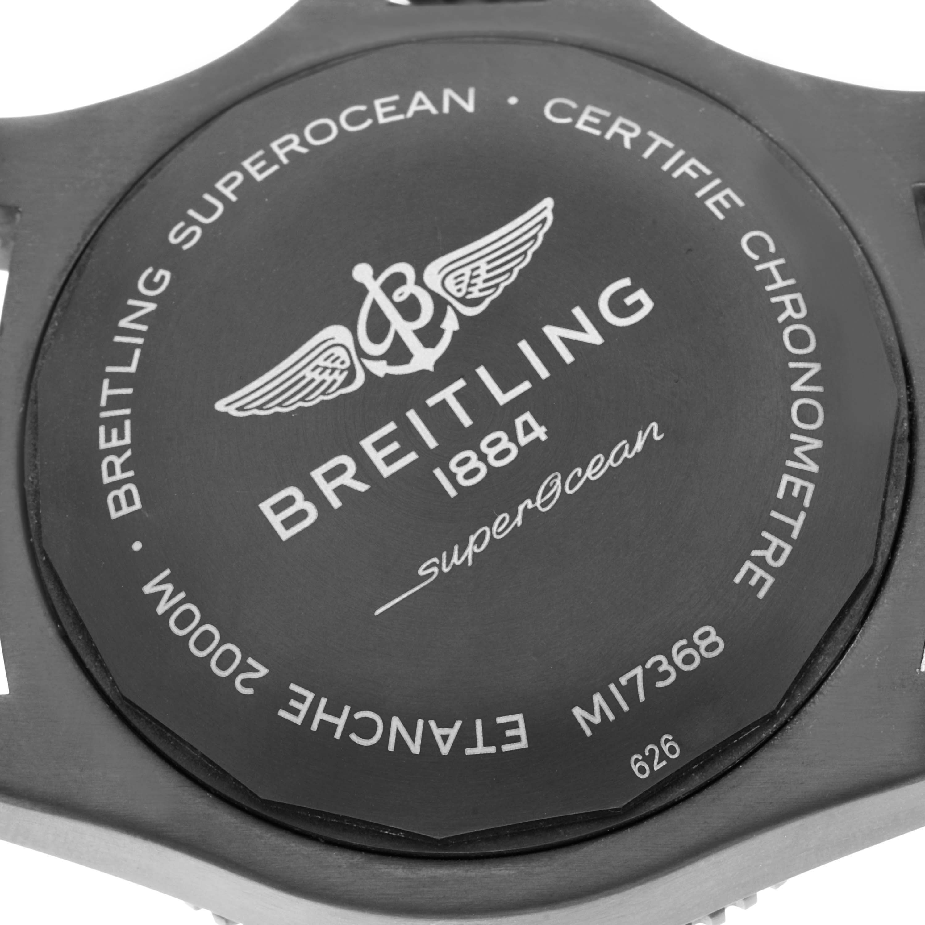 The image shows the back case of the Breitling Superocean M17368 Men's Stainless Steel Black Dial watch at a slightly tilted angle, featuring engravings.