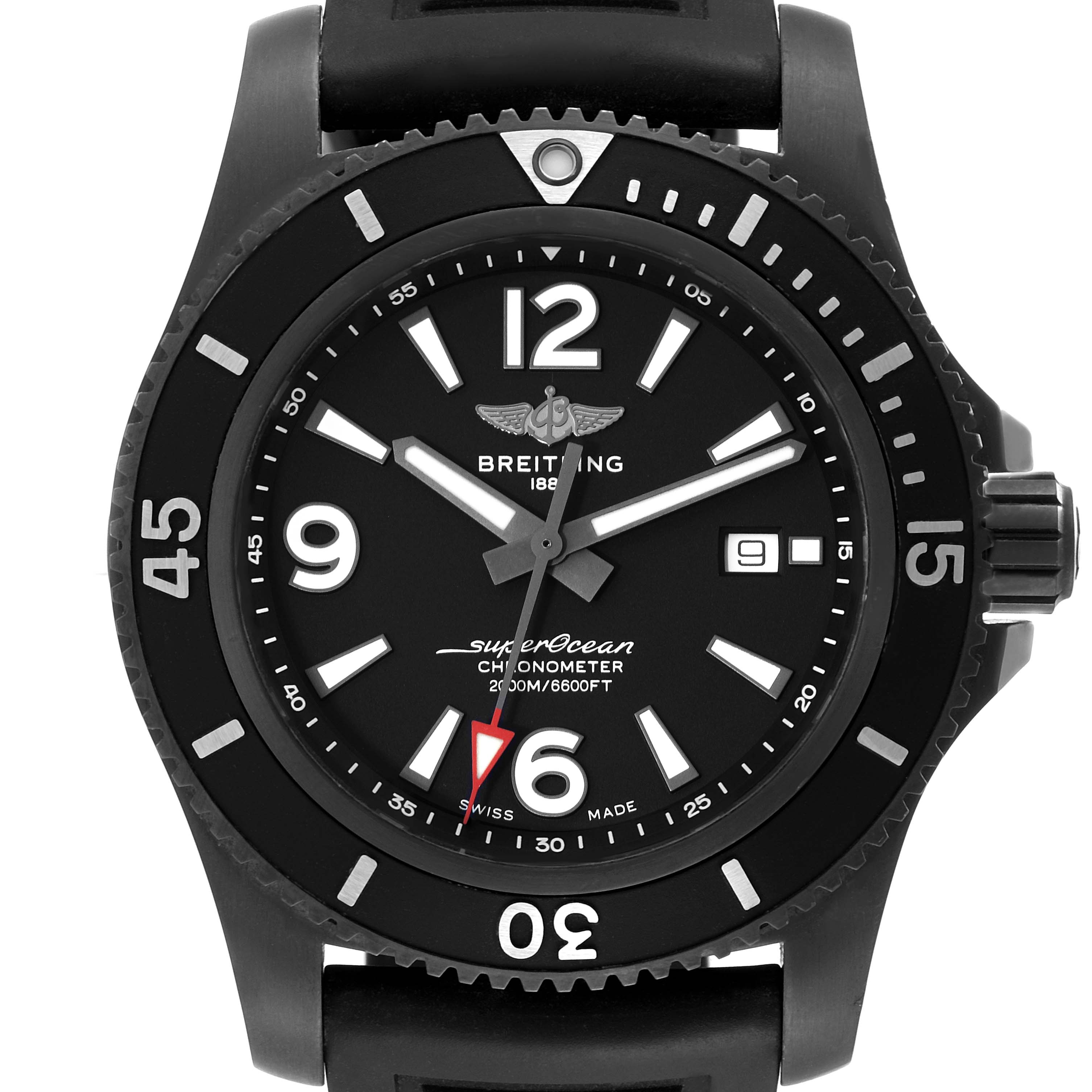 The Breitling Superocean M17368 Men's Stainless Steel Black Dial watch is shown from a front angle, highlighting its dial, bezel, hands, and date window.