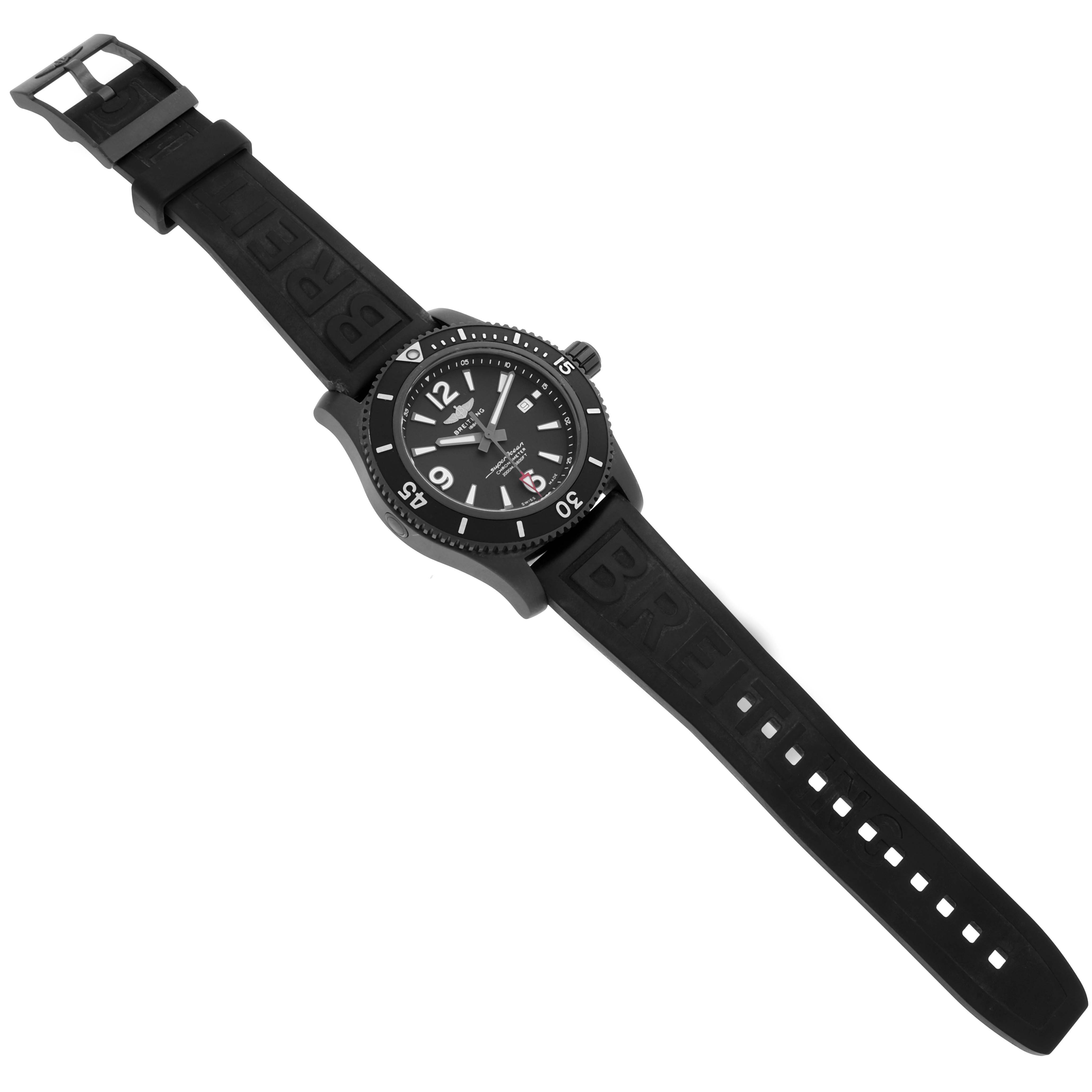 The Breitling Superocean M17368 Men's Stainless Steel Black Dial watch is shown at a slight angle, displaying the face, bezel, strap, and buckle.