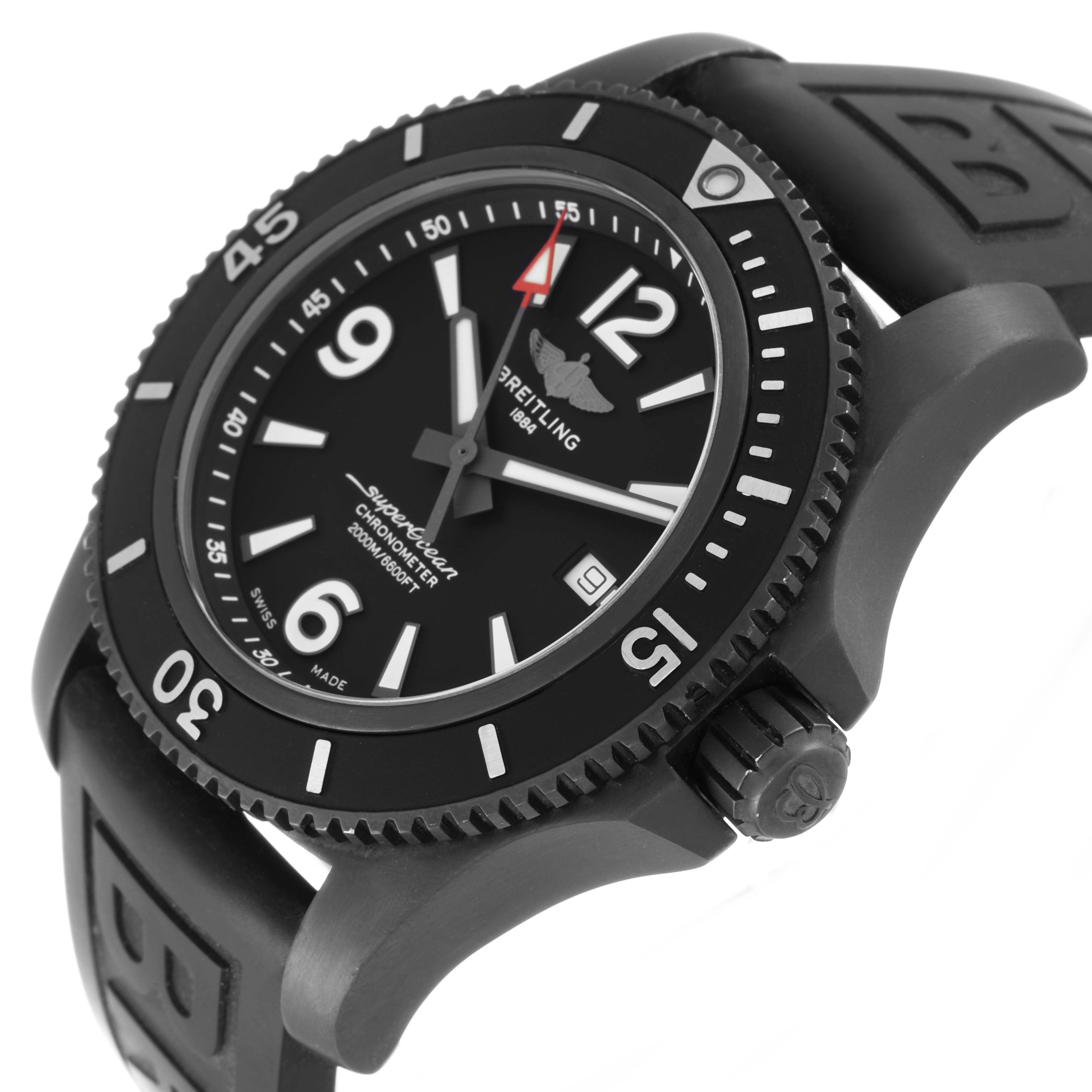 The Breitling Superocean M17368 Men's Stainless Steel Black Dial watch is shown from a tilted front angle, highlighting the bezel, dial, and crown.