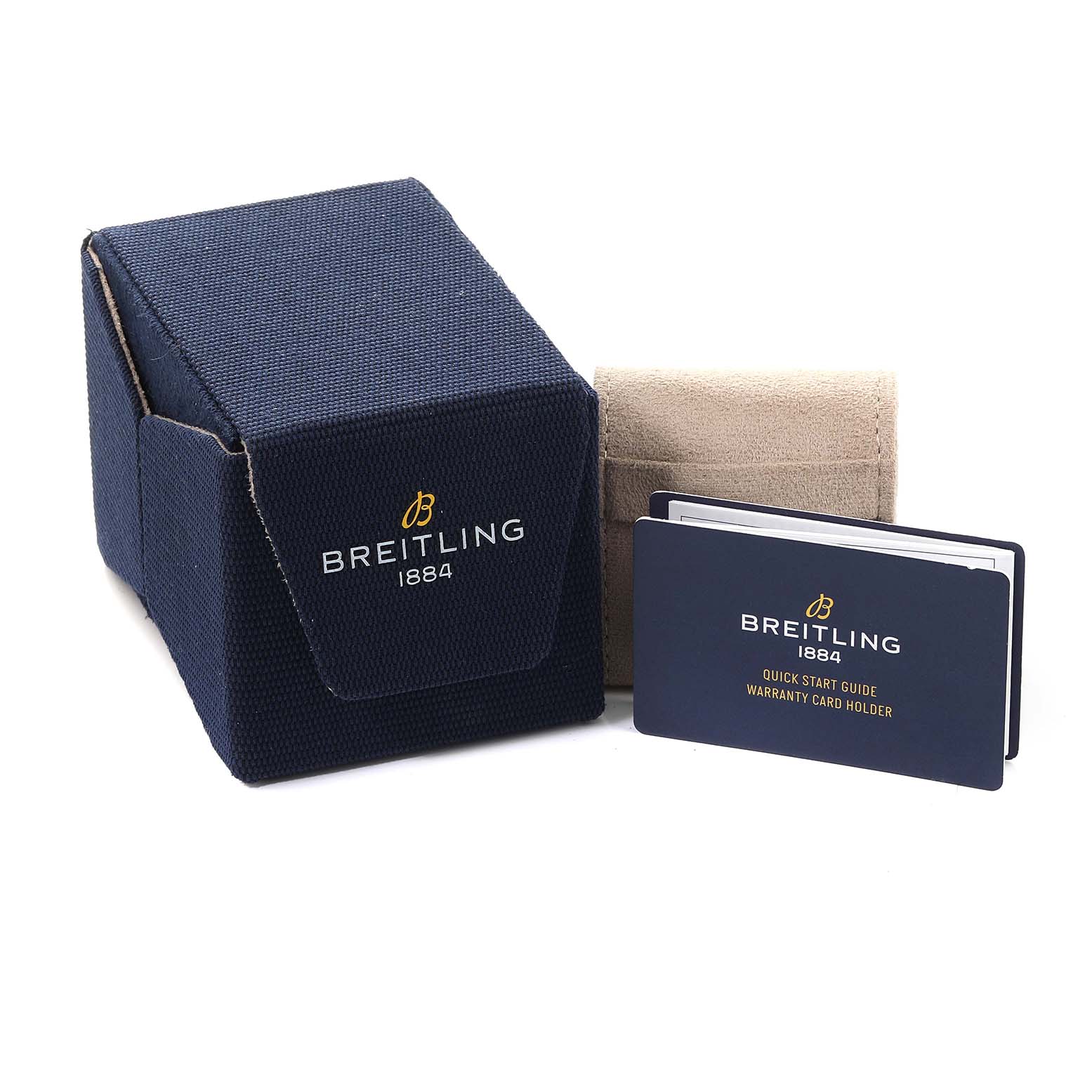 The image shows the packaging and accessories, including a box, pouch, and warranty card for the Breitling Superocean M17368 Men's Stainless Steel Black Dial.