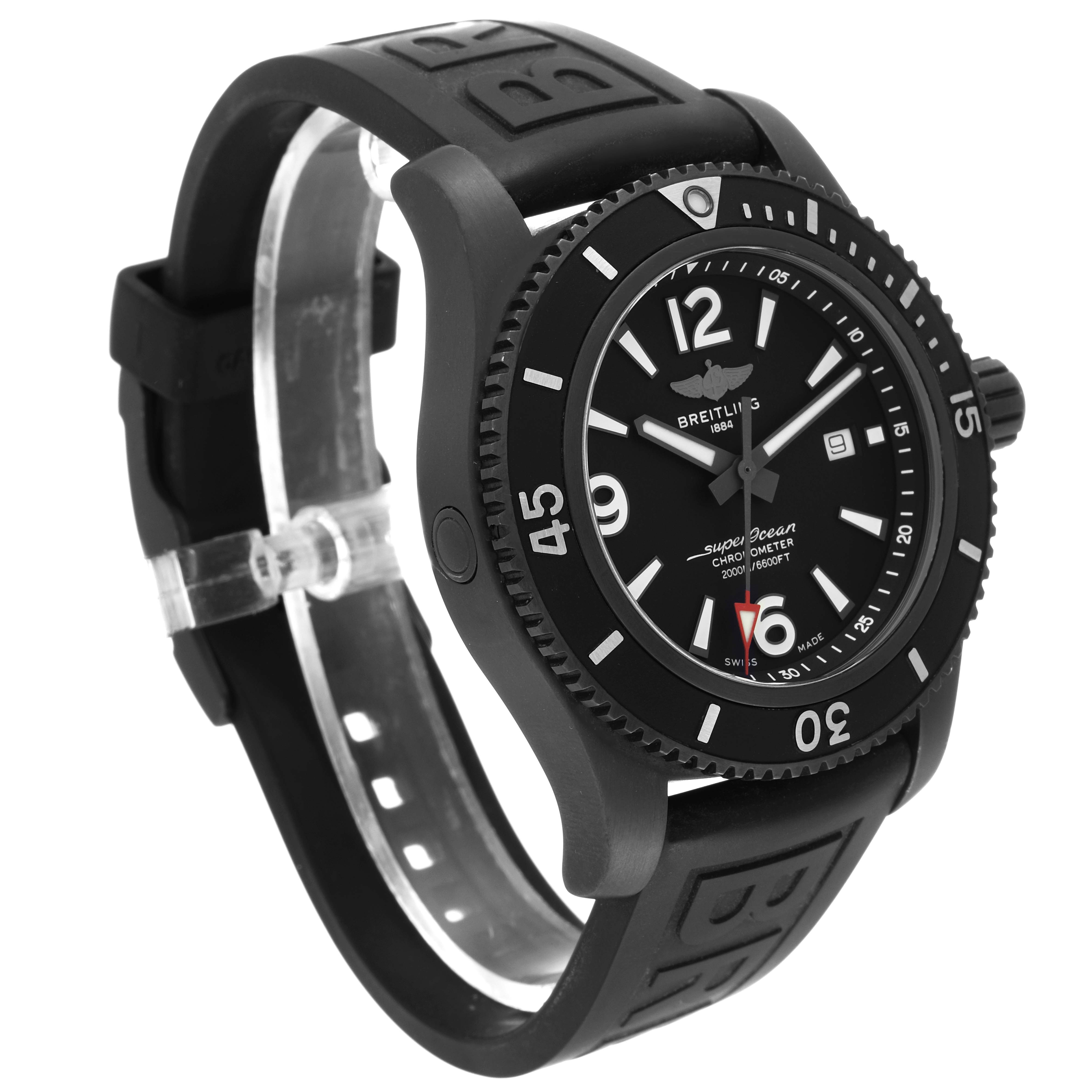 The Breitling Superocean M17368 Men's Stainless Steel Black Dial watch is shown at an angled side view, highlighting the face, bezel, and rubber strap.