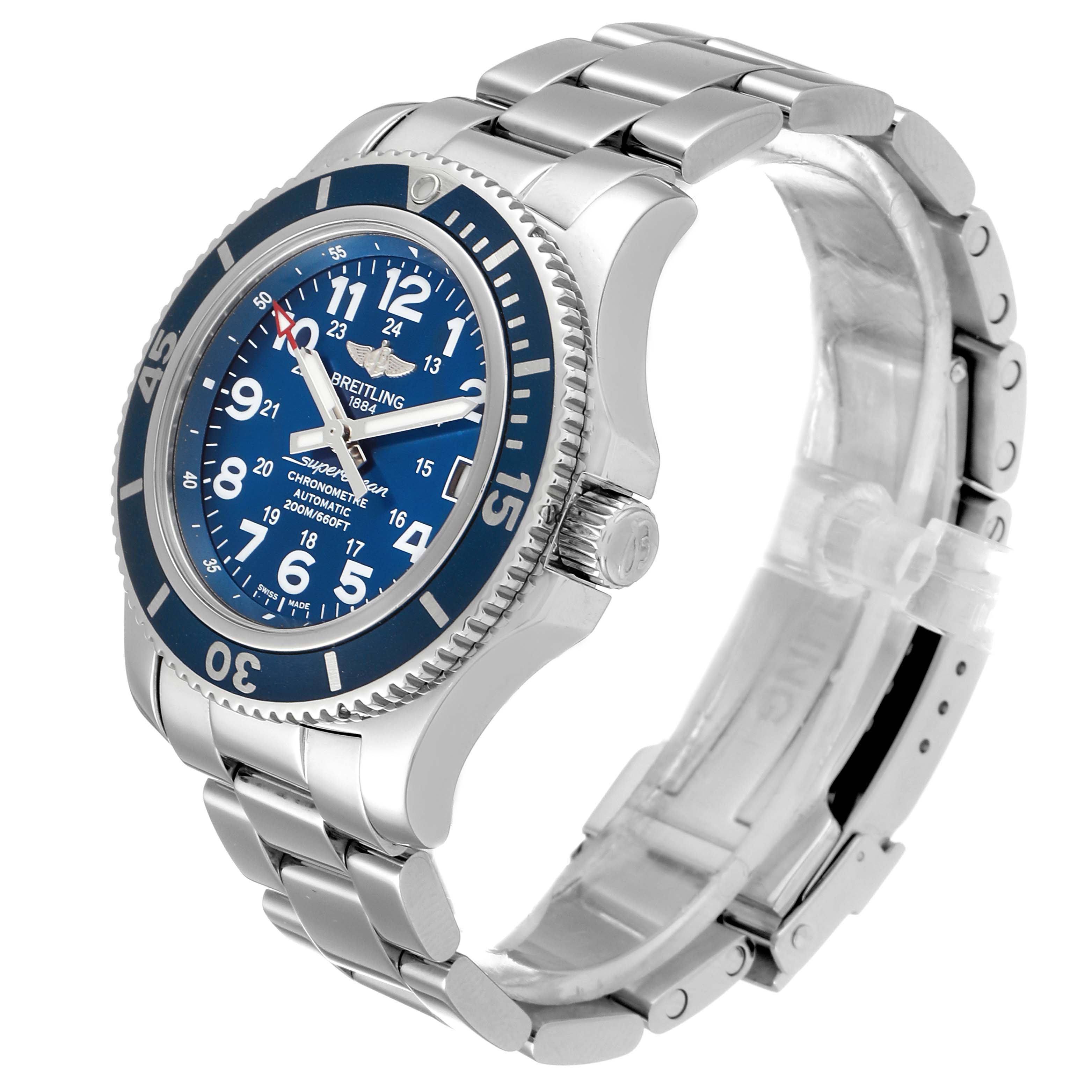 The Breitling A17312 Women's Stainless Steel Blue Dial A17312 Women's Stainless Steel Blue Dial Superocean II 36 Hurricane Steel Ladies Watch A17312 is shown from a three-quarter angle, displaying its blue dial, bezel, and stainless steel bracelet.
