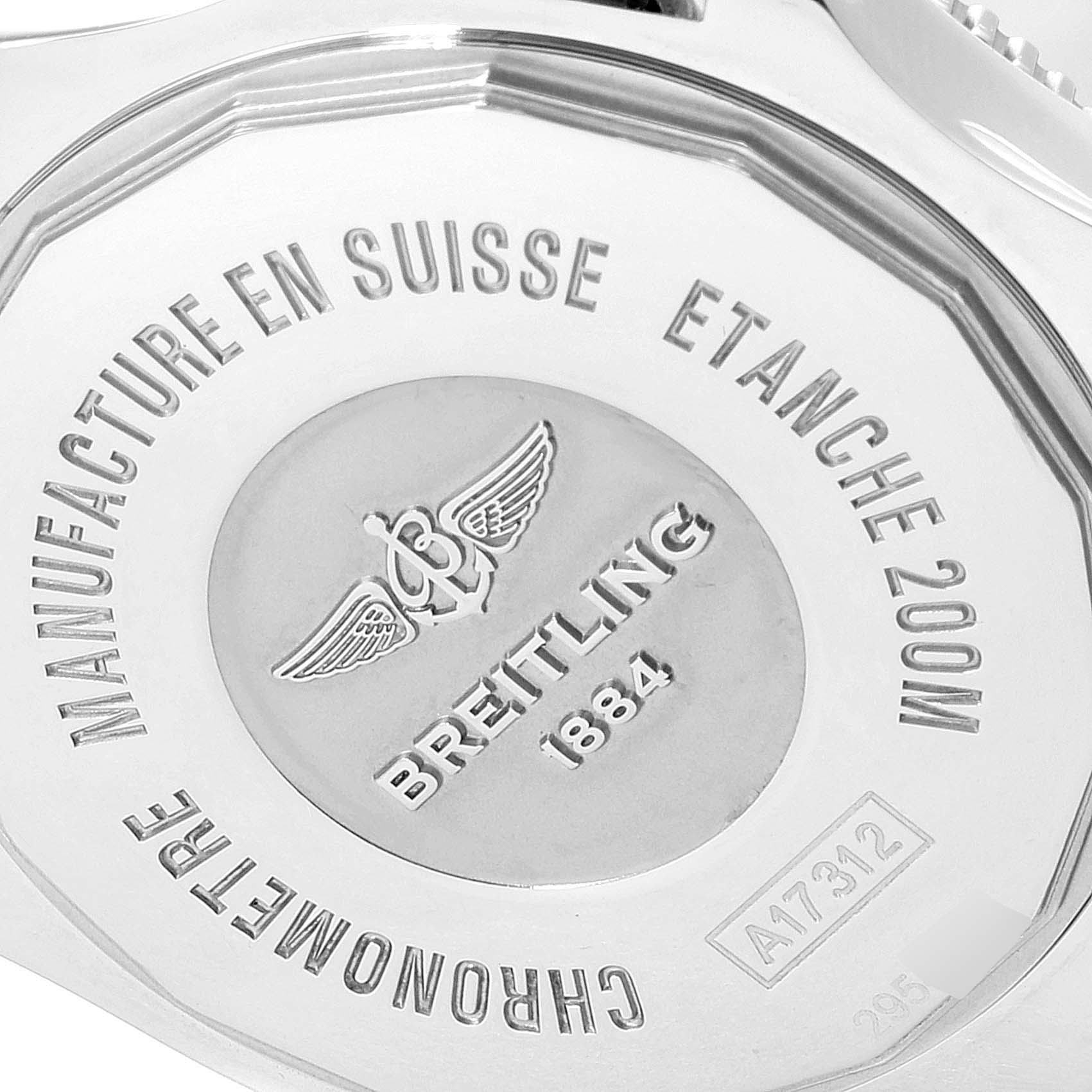 The image shows the case back of a Breitling A17312 Women's Stainless Steel Blue Dial A17312 Women's Stainless Steel Blue Dial Superocean II 36 Hurricane Steel Ladies Watch A17312.