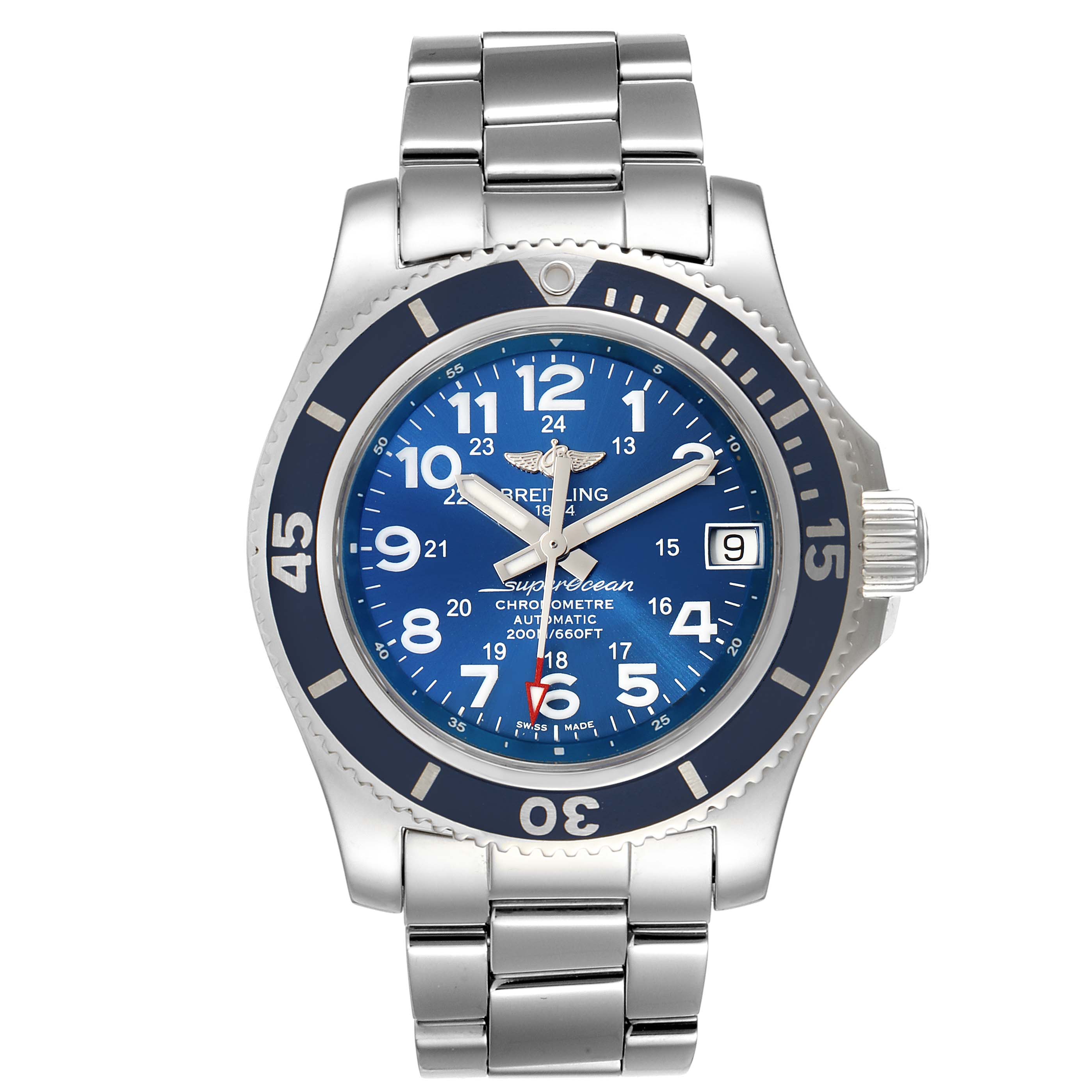 The Breitling A17312 Women's Stainless Steel Blue Dial A17312 Women's Stainless Steel Blue Dial Superocean II 36 Hurricane Steel Ladies Watch A17312 is shown from a front angle displaying the face, bezel, crown, and bracelet.