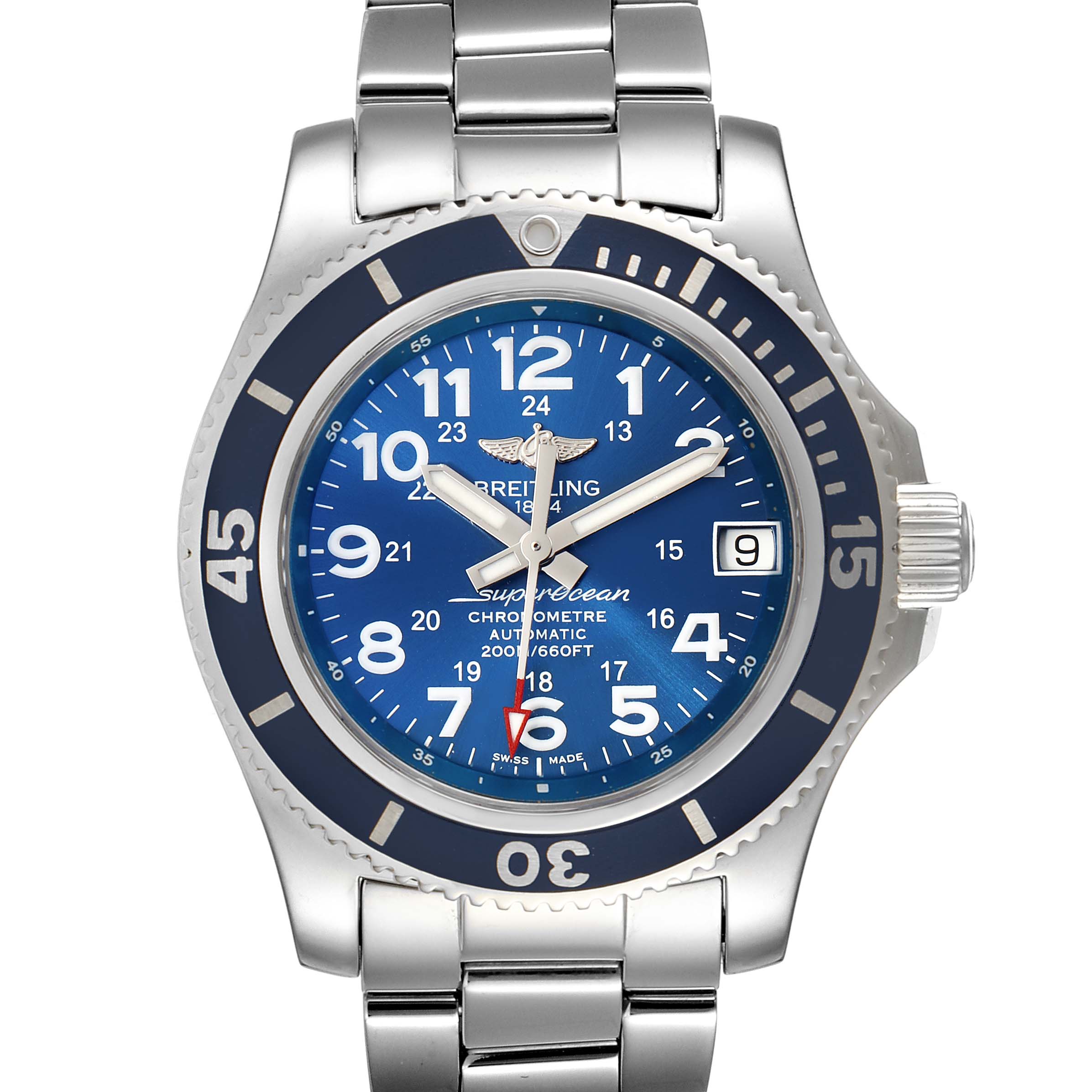 The image shows a front view of the Breitling A17312 Women's Stainless Steel Blue Dial A17312 Women's Stainless Steel Blue Dial Superocean II 36 Hurricane Steel Ladies Watch model A17312, highlighting the dial, bezel, and part of the bracelet.