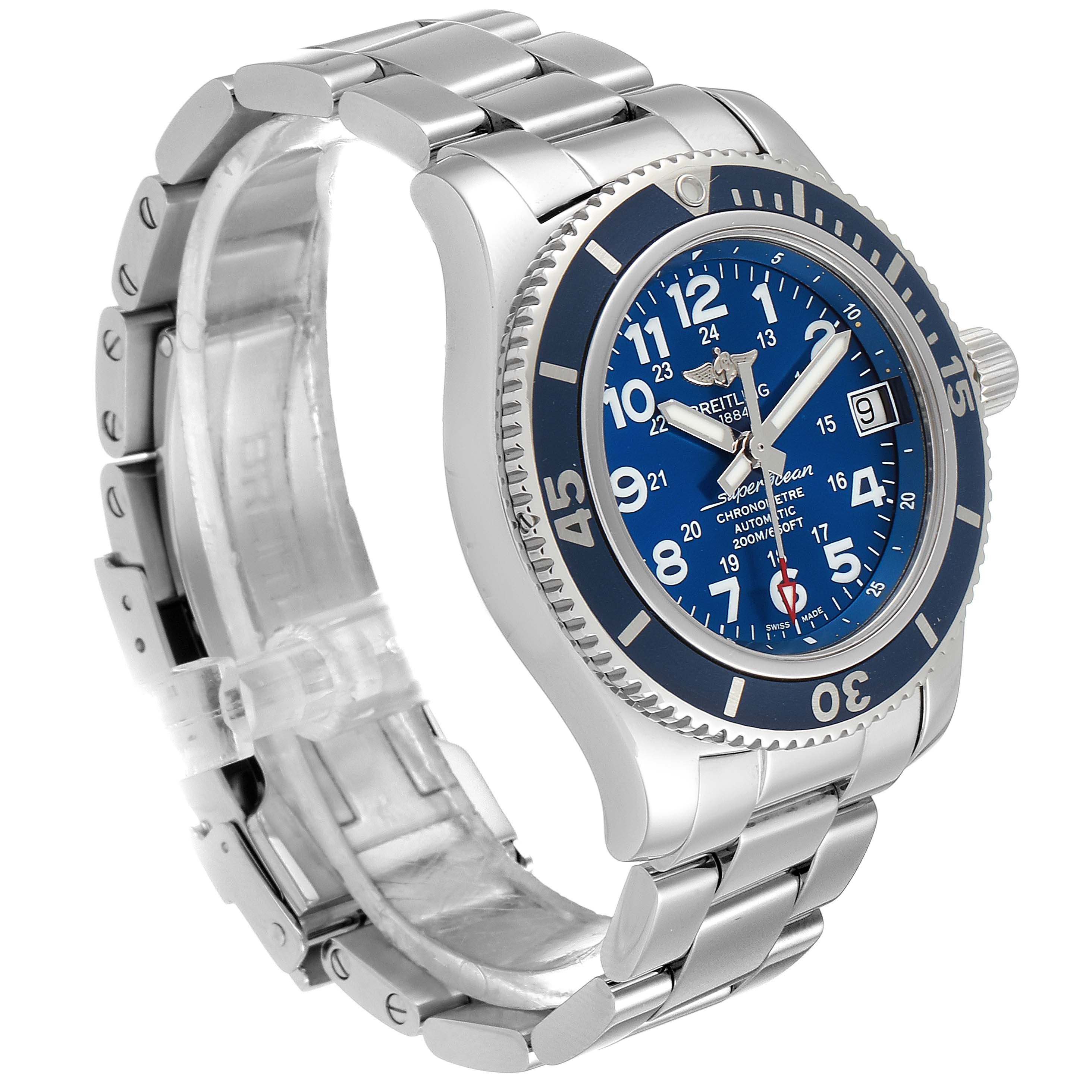 The image shows a side angle of the Breitling A17312 Women's Stainless Steel Blue Dial A17312 Women's Stainless Steel Blue Dial Superocean II 36 Hurricane Steel Ladies Watch A17312, highlighting its bezel, dial, and bracelet.