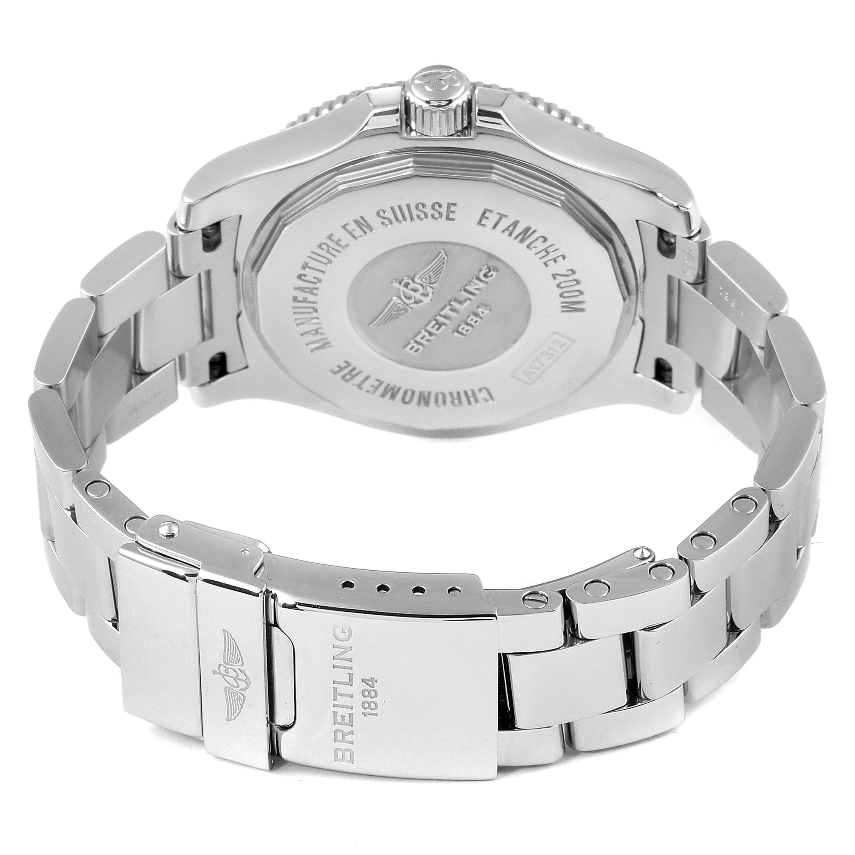 This image shows the back view of the Breitling A17312 Women's Stainless Steel Blue Dial A17312 Women's Stainless Steel Blue Dial Superocean II 36 Hurricane Steel Ladies Watch A17312, highlighting the case back and bracelet.