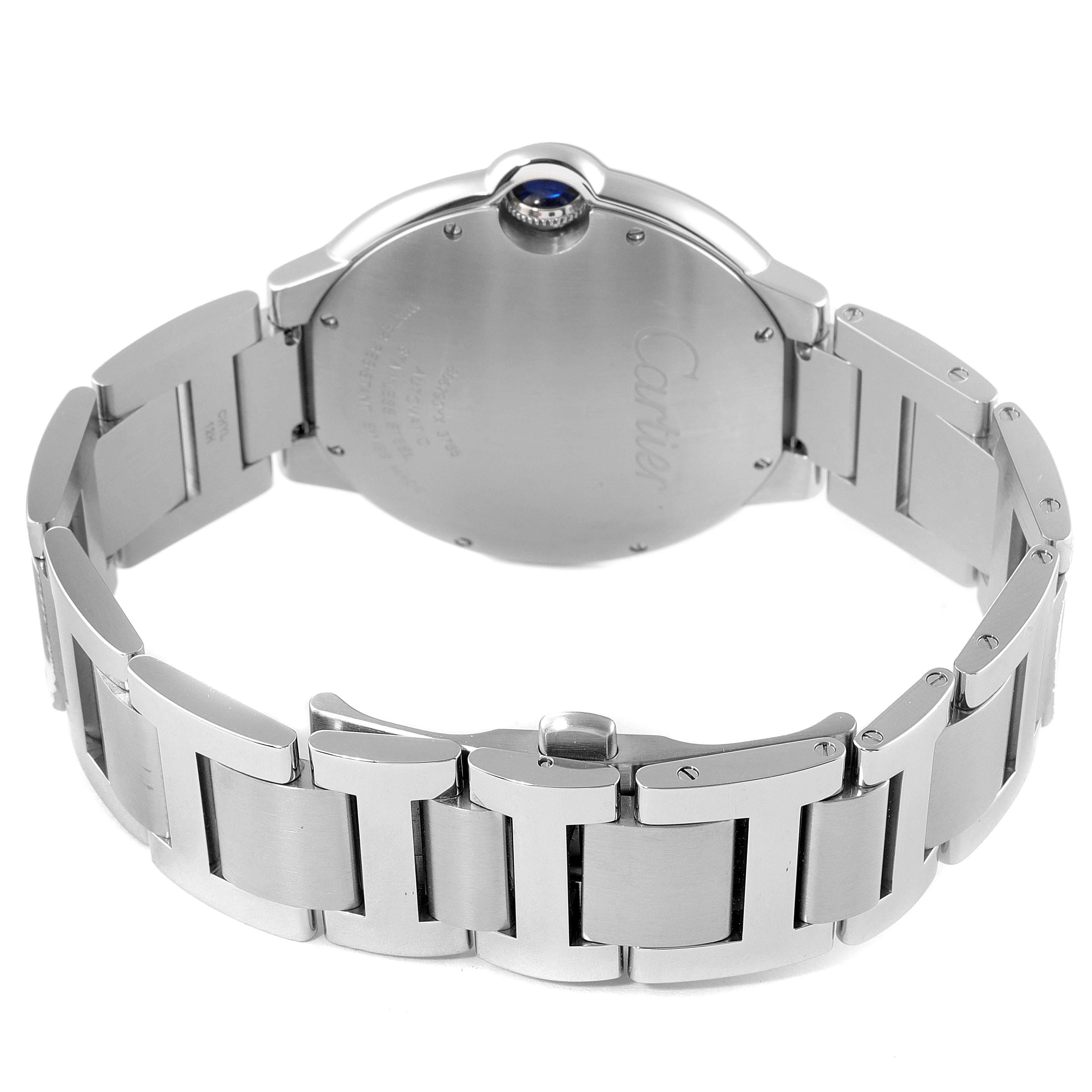 The image shows the back case and bracelet of a Ballon Bleu watch by Cartier from behind.