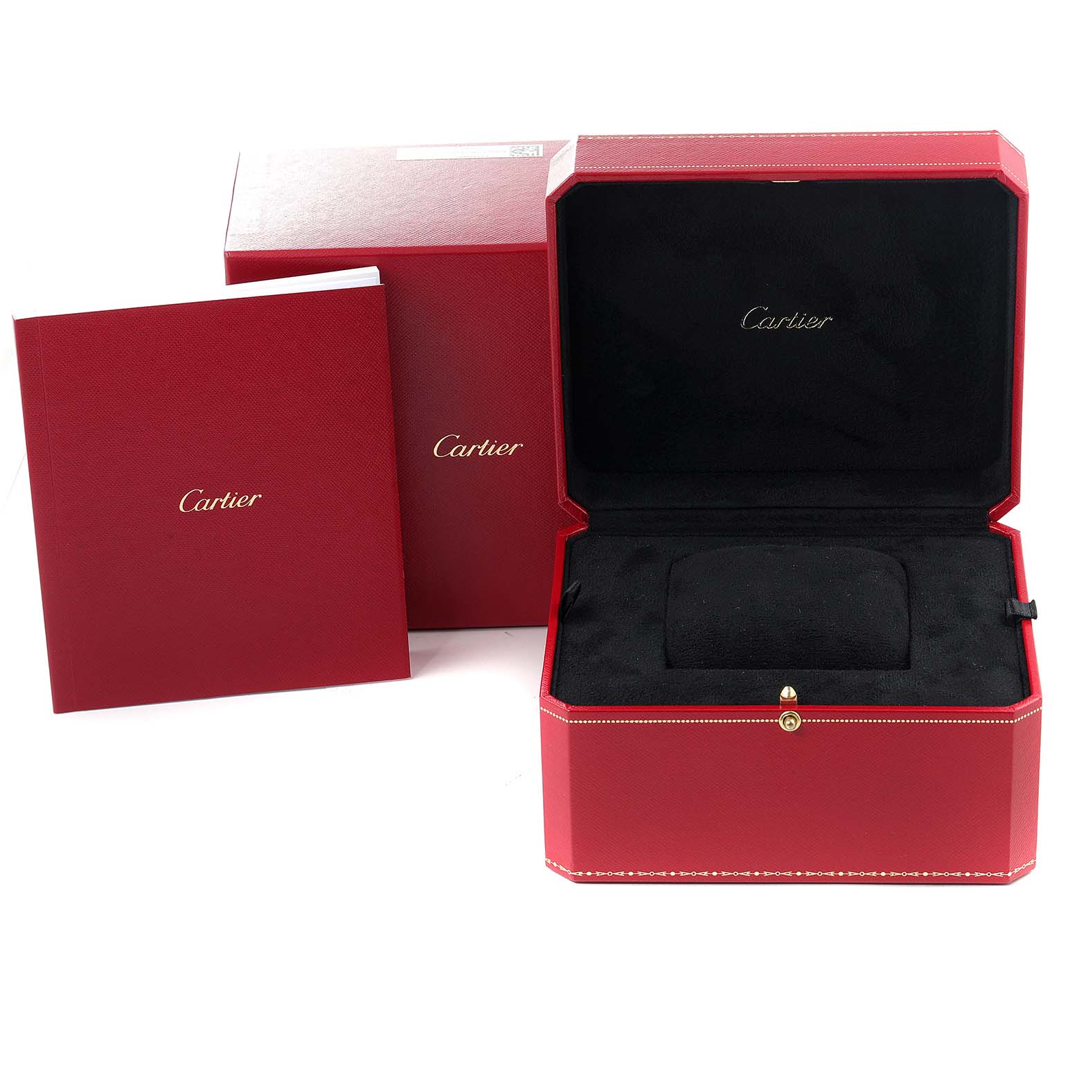 This image shows the open red watch box and documentation for the Ballon Bleu model by Cartier.