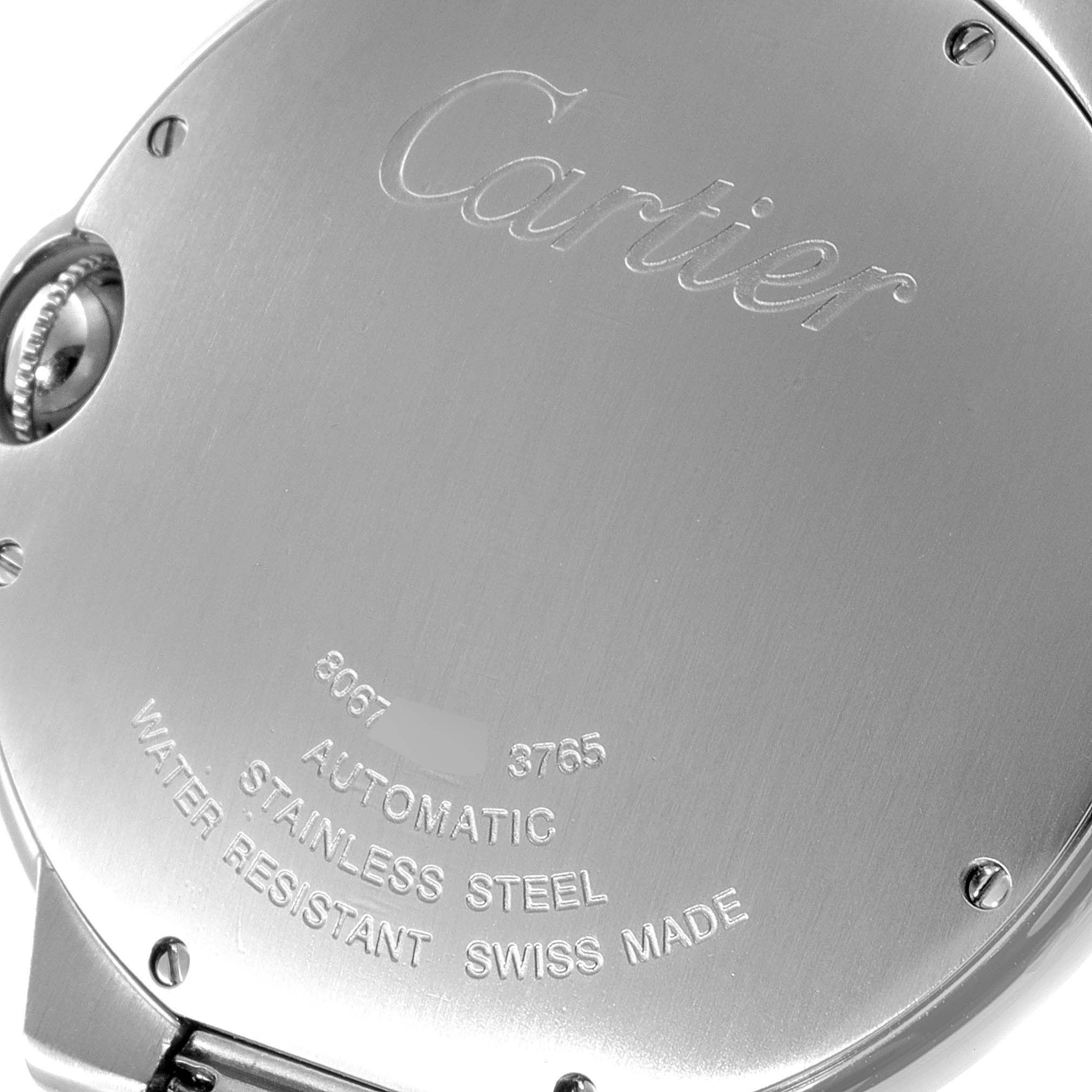 This image shows the back cover of the Cartier Ballon Bleu W69012Z4 Men's Stainless Steel Silver Dial W69012Z4 Men's Stainless Steel Silver Dial watch at a slight angle, displaying the engraved details of the model.
