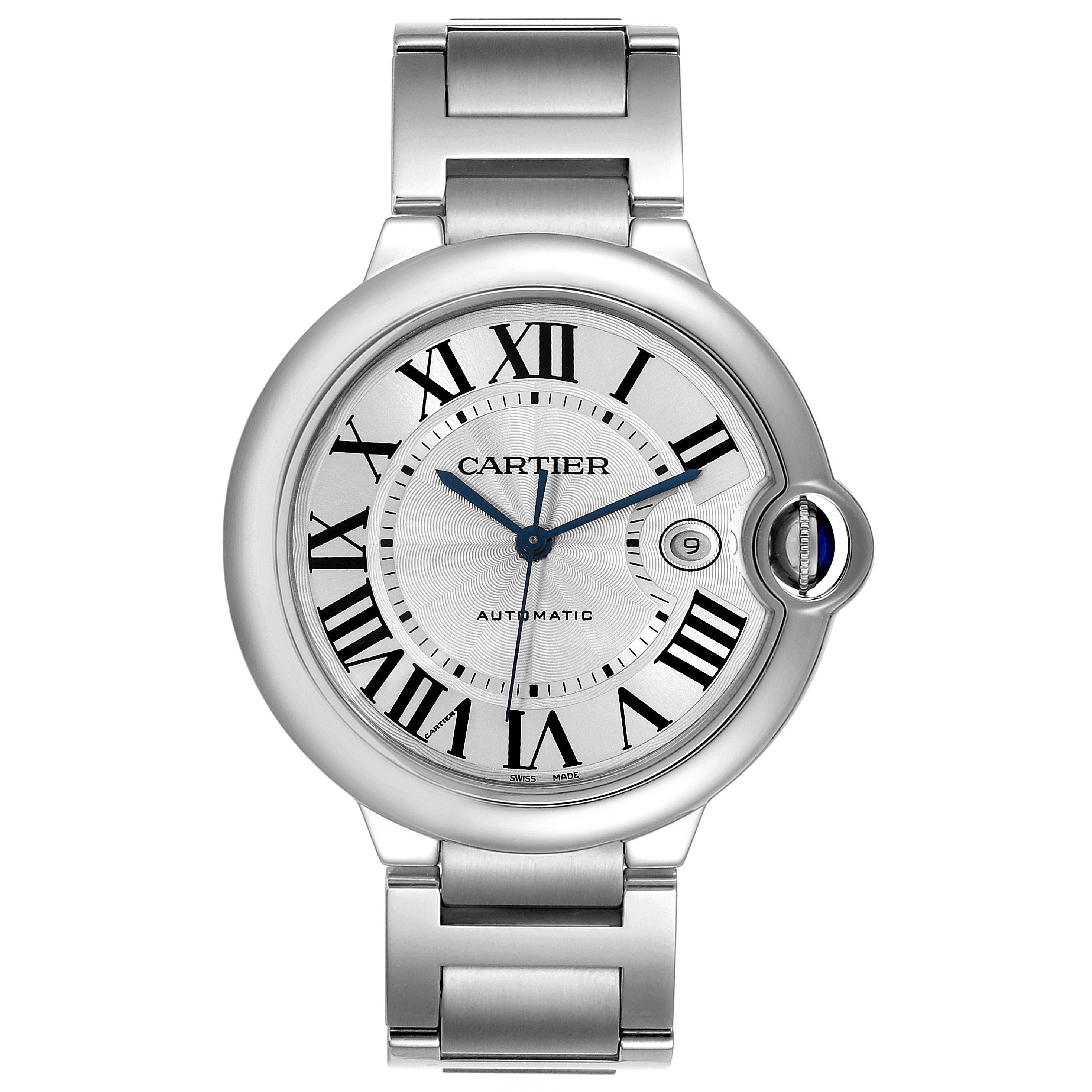 This image shows a front view of a Cartier Ballon Bleu W69012Z4 Men's Stainless Steel Silver Dial W69012Z4 Men's Stainless Steel Silver Dial watch, displaying the dial, hands, Roman numerals, date window, and metal bracelet.
