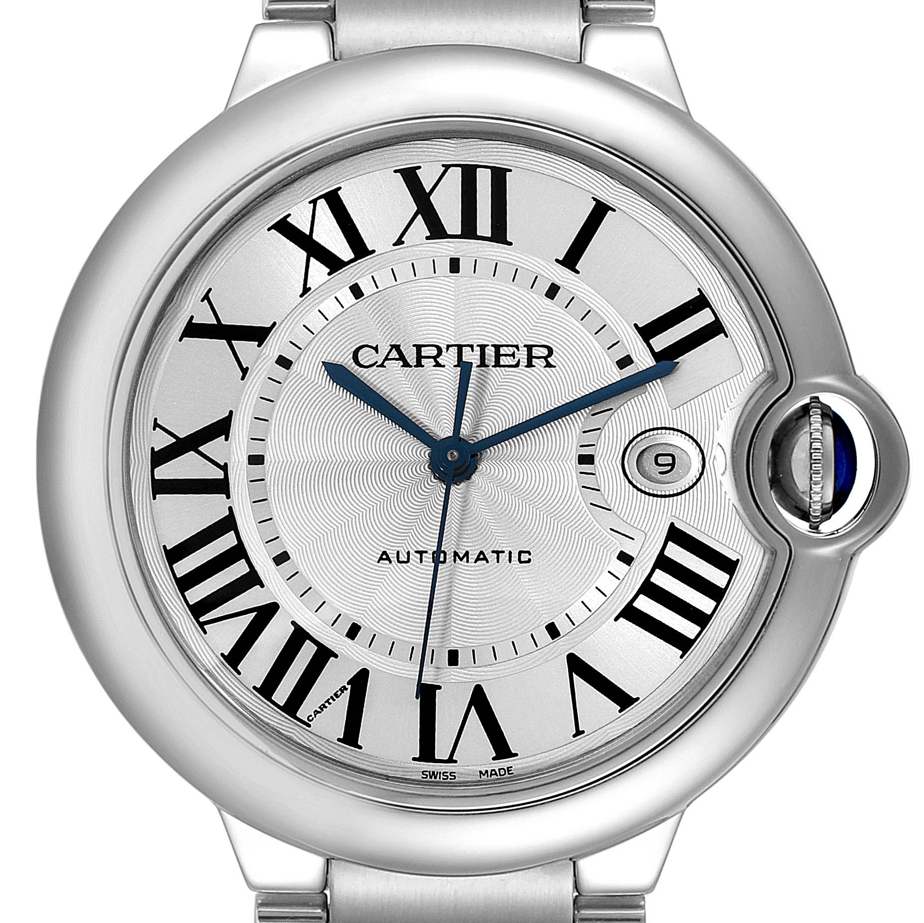 The image shows a close-up front view of the Cartier Ballon Bleu W69012Z4 Men's Stainless Steel Silver Dial W69012Z4 Men's Stainless Steel Silver Dial watch face, highlighting its Roman numerals, hands, and date display.