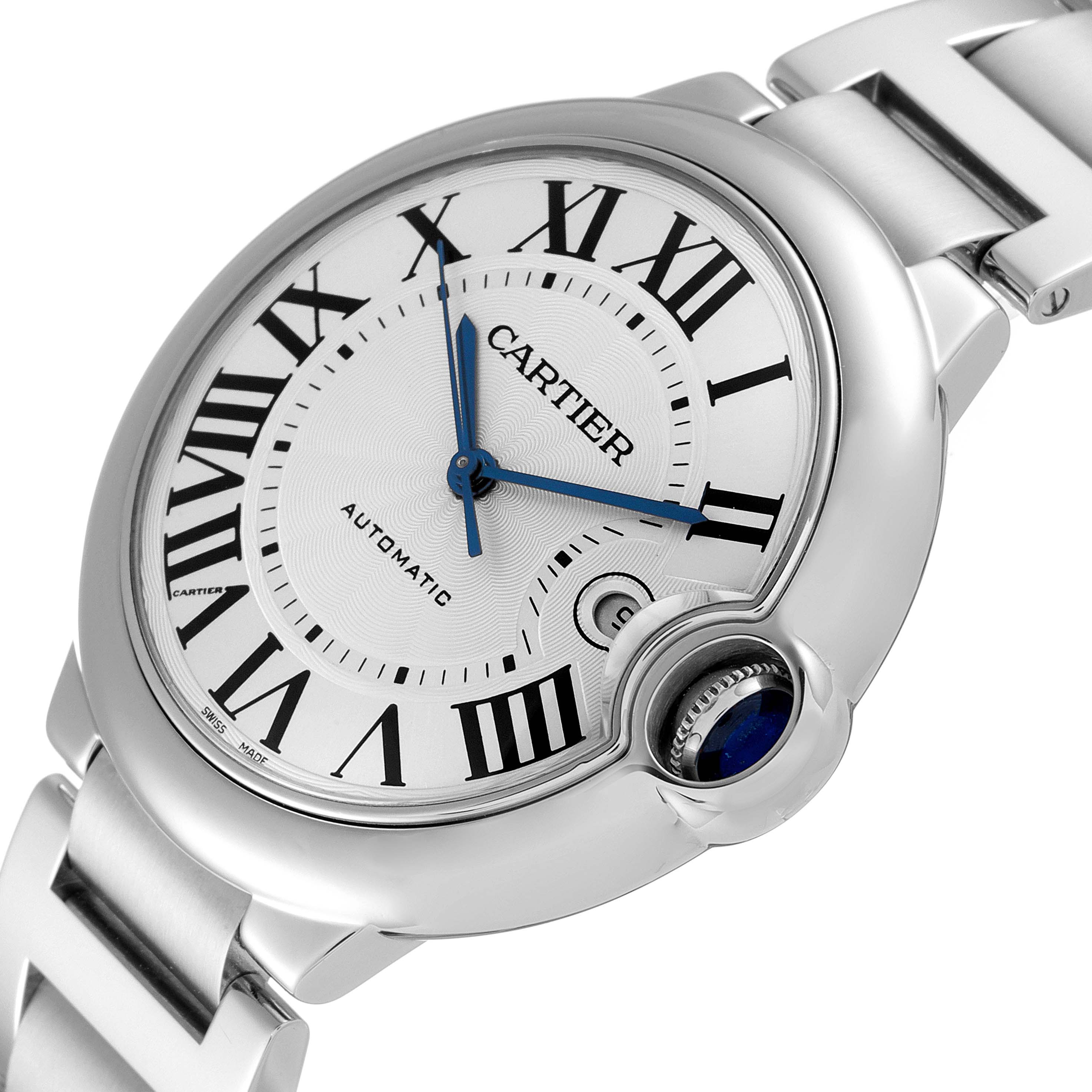 The image shows a close-up of the Cartier Ballon Bleu W69012Z4 Men's Stainless Steel Silver Dial W69012Z4 Men's Stainless Steel Silver Dial watch face at an angled side view, highlighting the Roman numerals and blue hands.