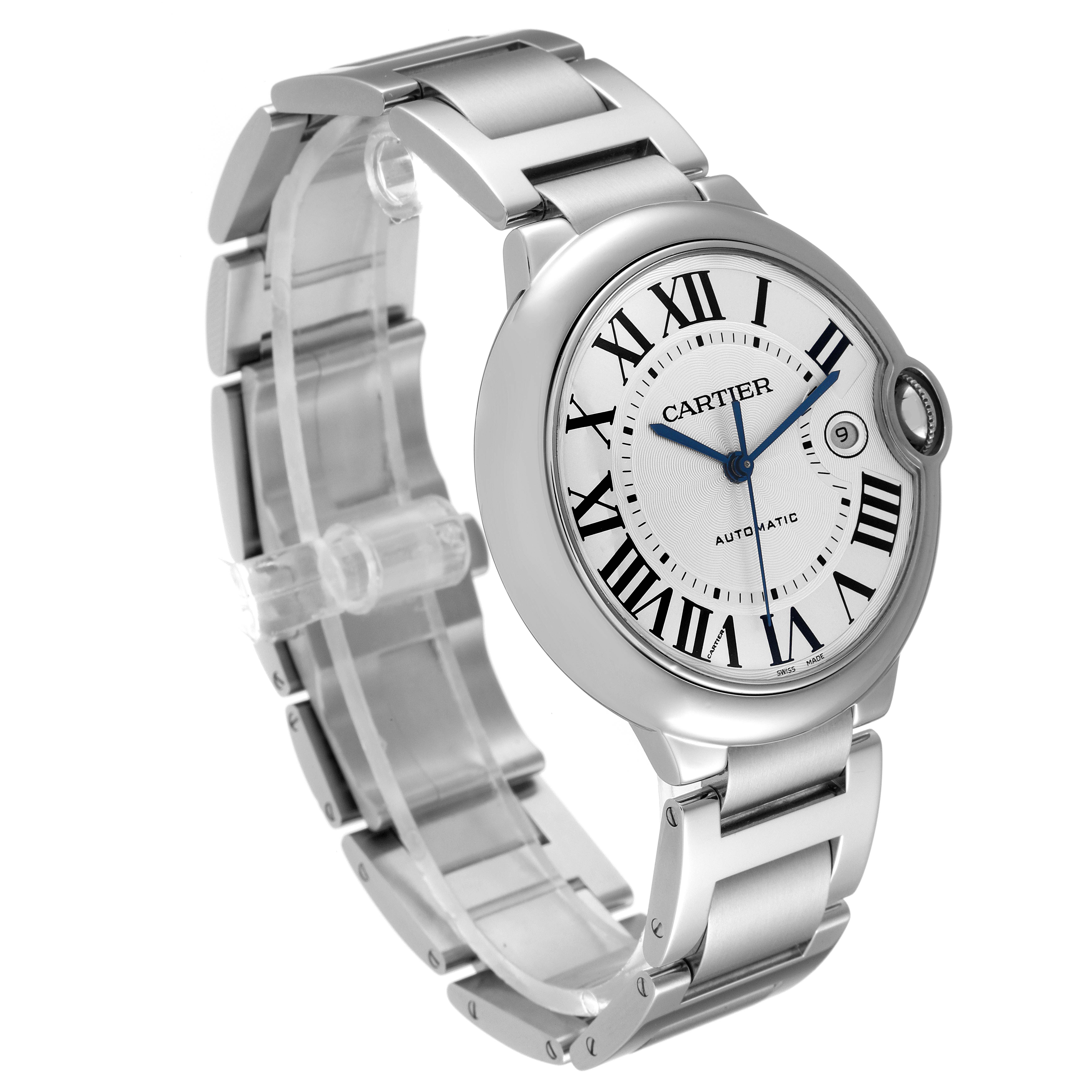 The image shows a Ballon Bleu by Cartier watch from a side angle, highlighting the dial, bracelet, and crown.