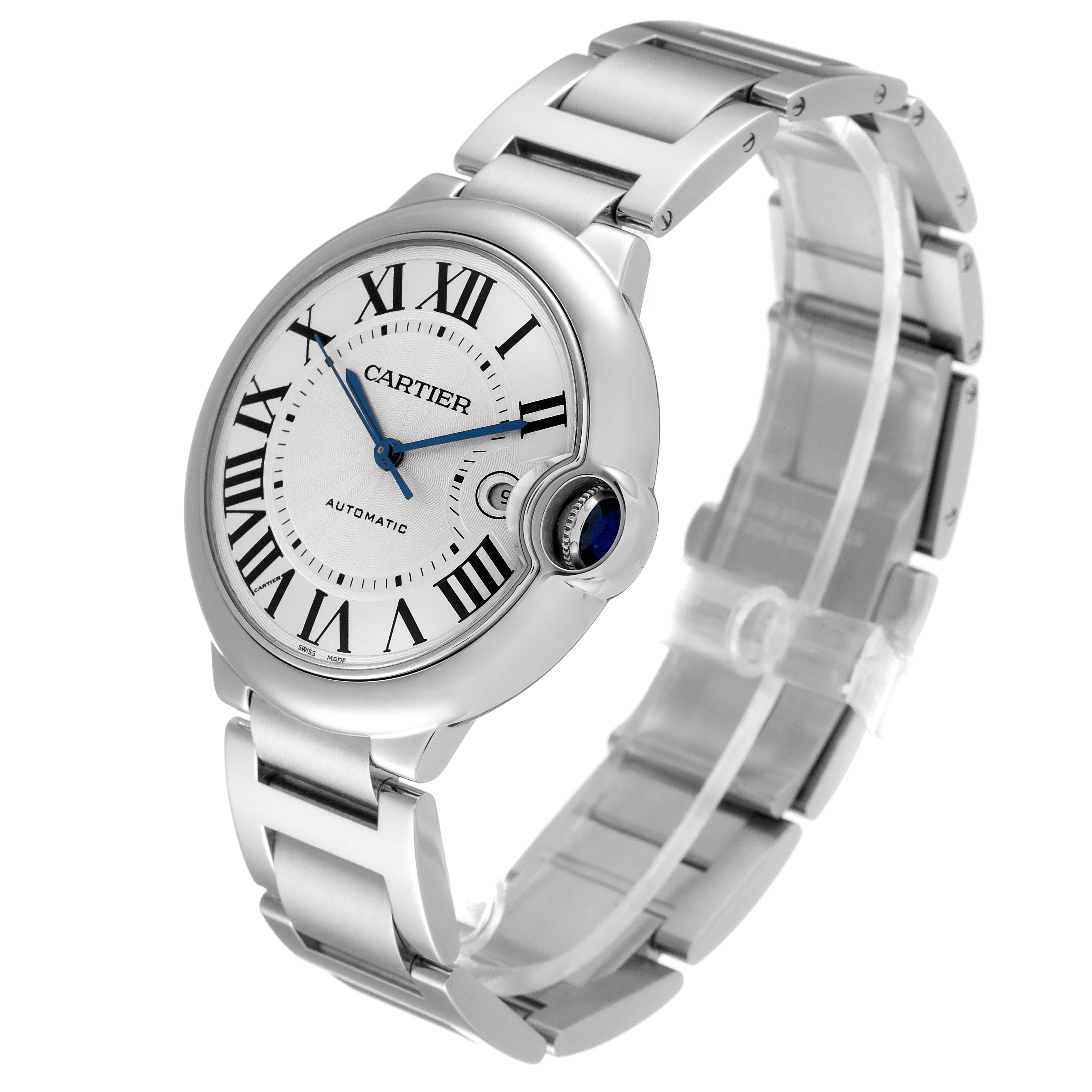 This image shows the front and side of a Ballon Bleu model watch by Cartier, highlighting its face and bracelet.