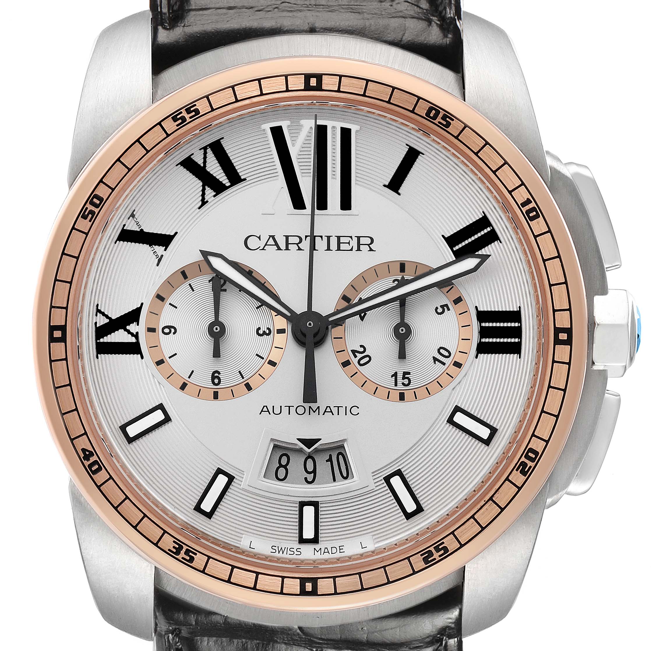 The Calibre de Cartier watch is shown from a front angle, displaying its dial, bezel, sub-dials, and crown.
