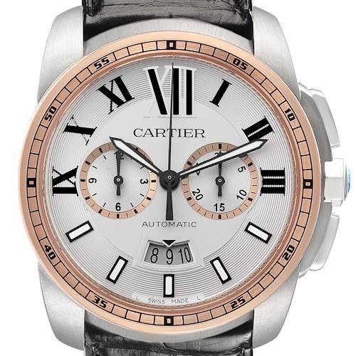 The Calibre de Cartier watch is shown from the front, highlighting its dial, subdials, and bezel.