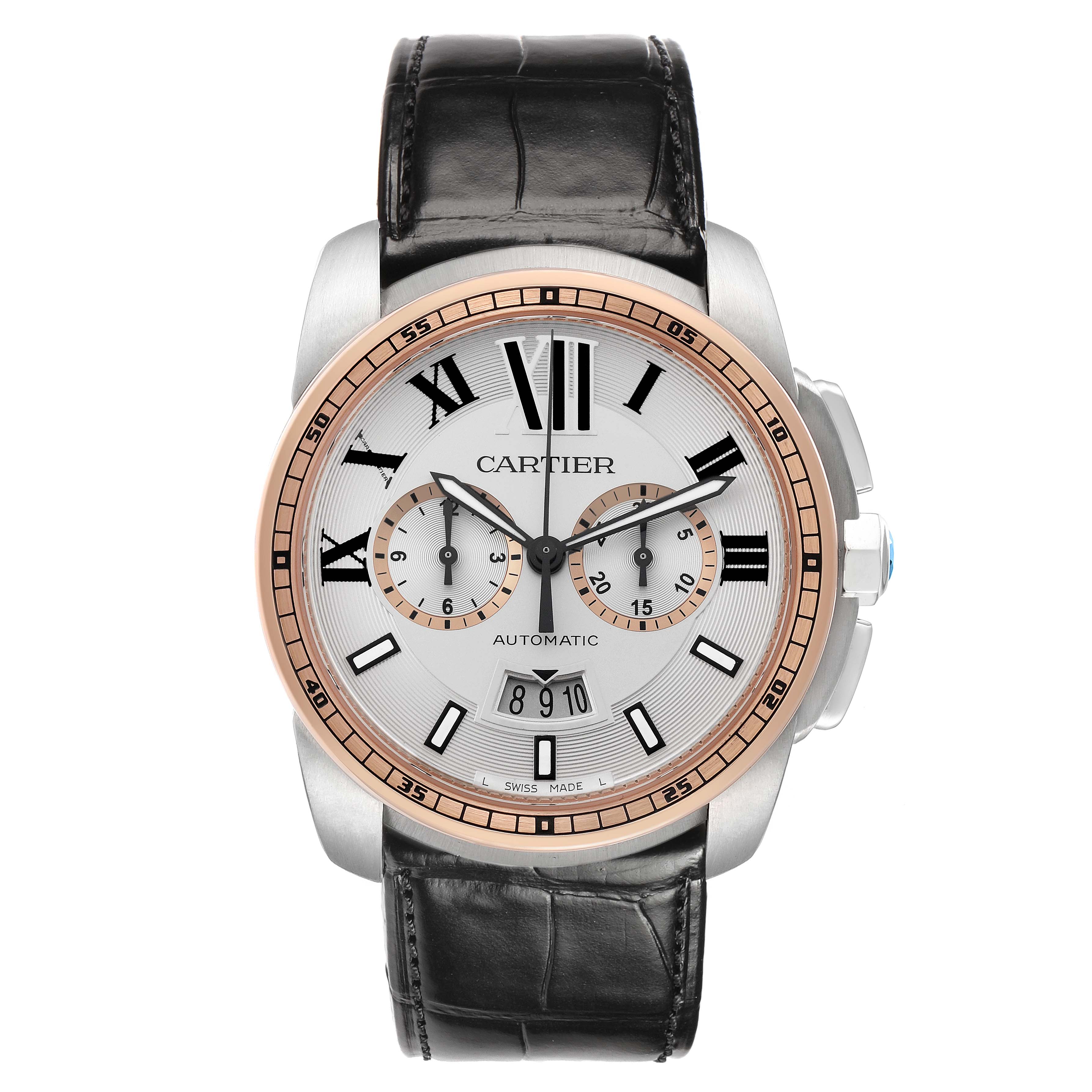 The Calibre de Cartier watch is shown from the front, displaying its dial, bezel, subdials, and leather strap.