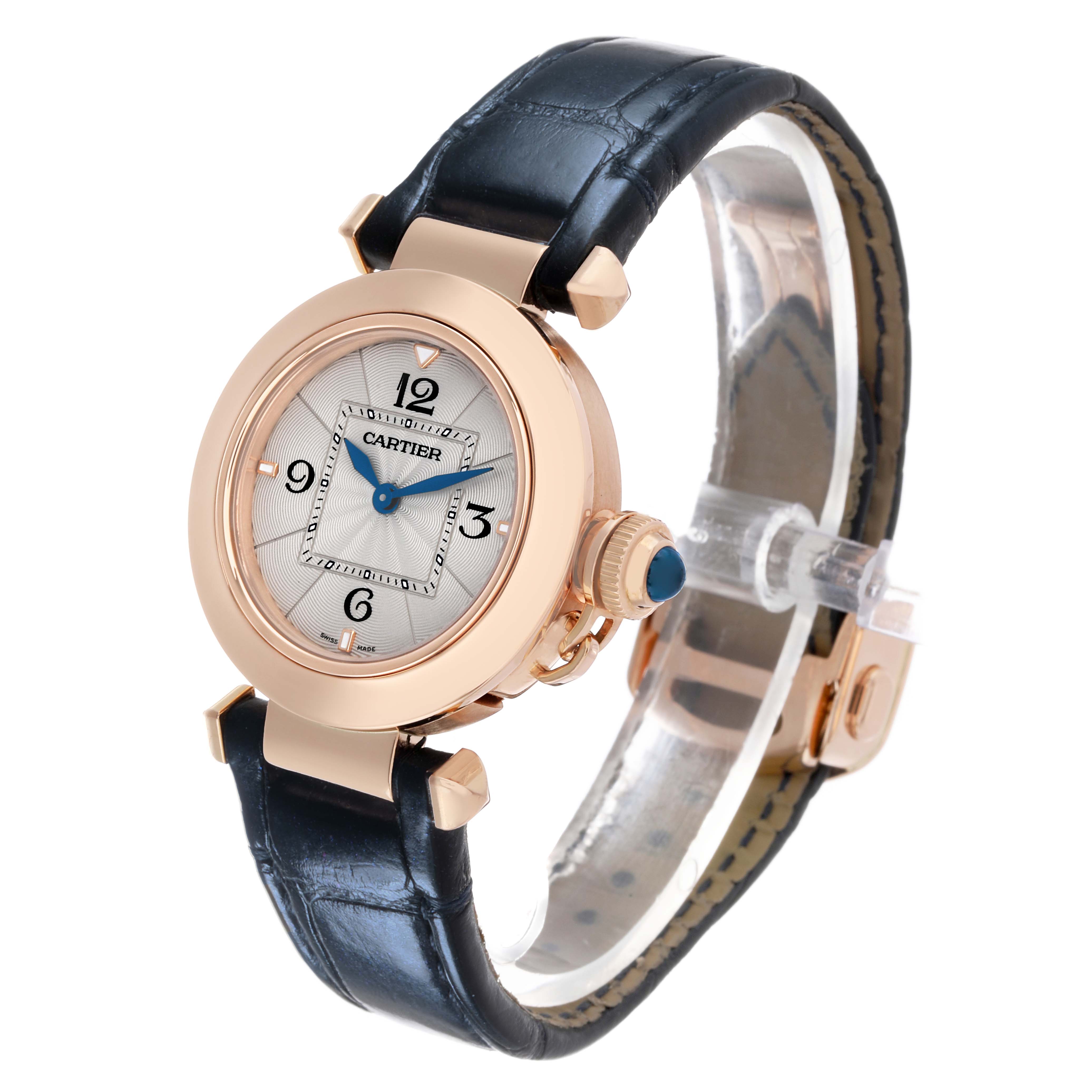 The Cartier Pasha WGPA0018 Women's Rose Gold Silver Dial watch is shown at a three-quarter angle, displaying the face, crown, and part of the strap.
