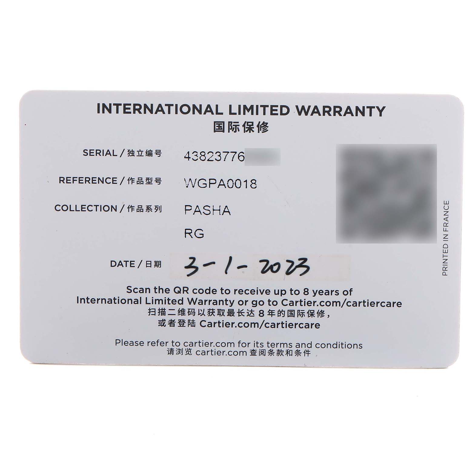 The image shows an International Limited Warranty card for the Pasha model by Cartier, viewed directly from above.