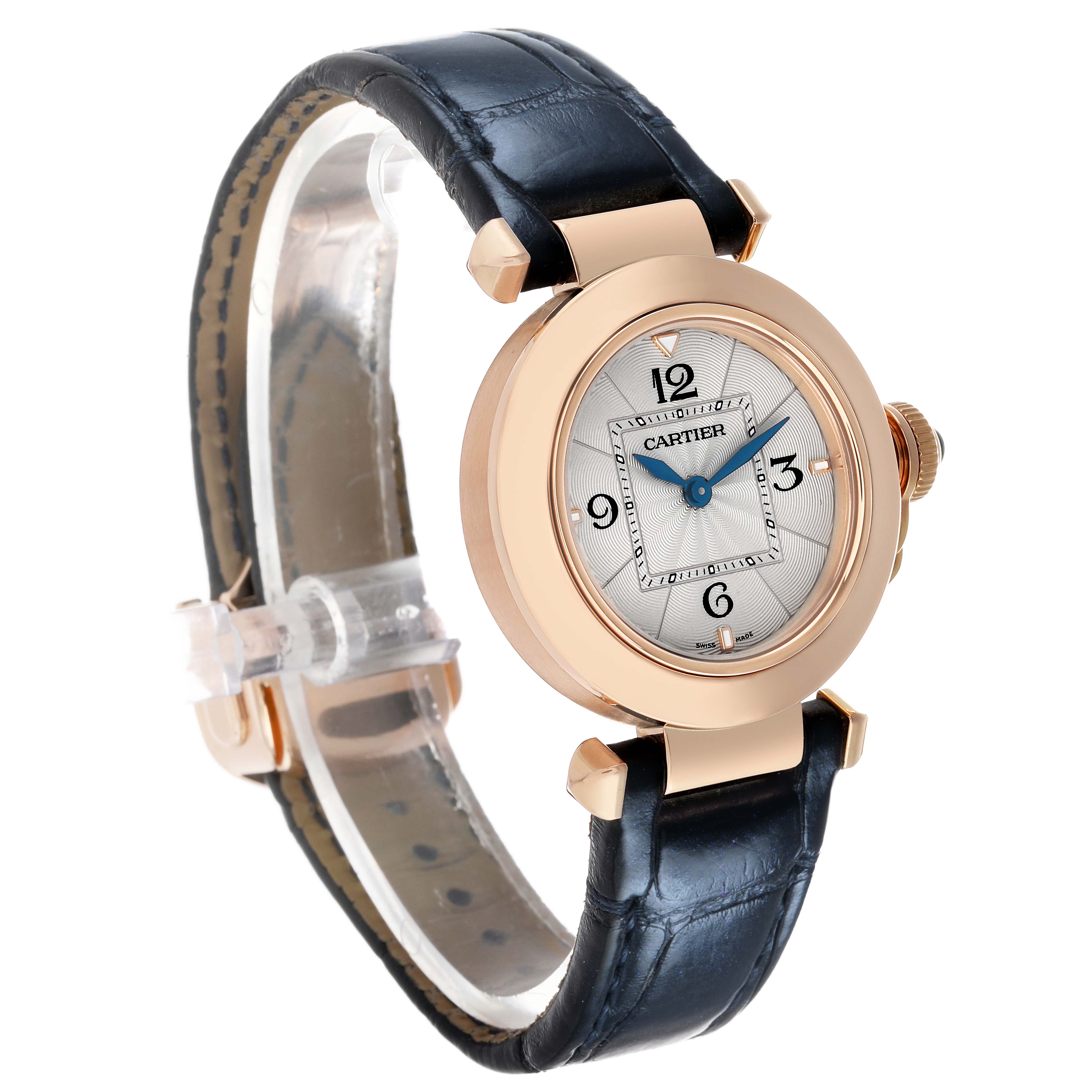 The image shows a Cartier Pasha WGPA0018 Women's Rose Gold Silver Dial watch angled to display its face, bezel, crown, and leather strap.