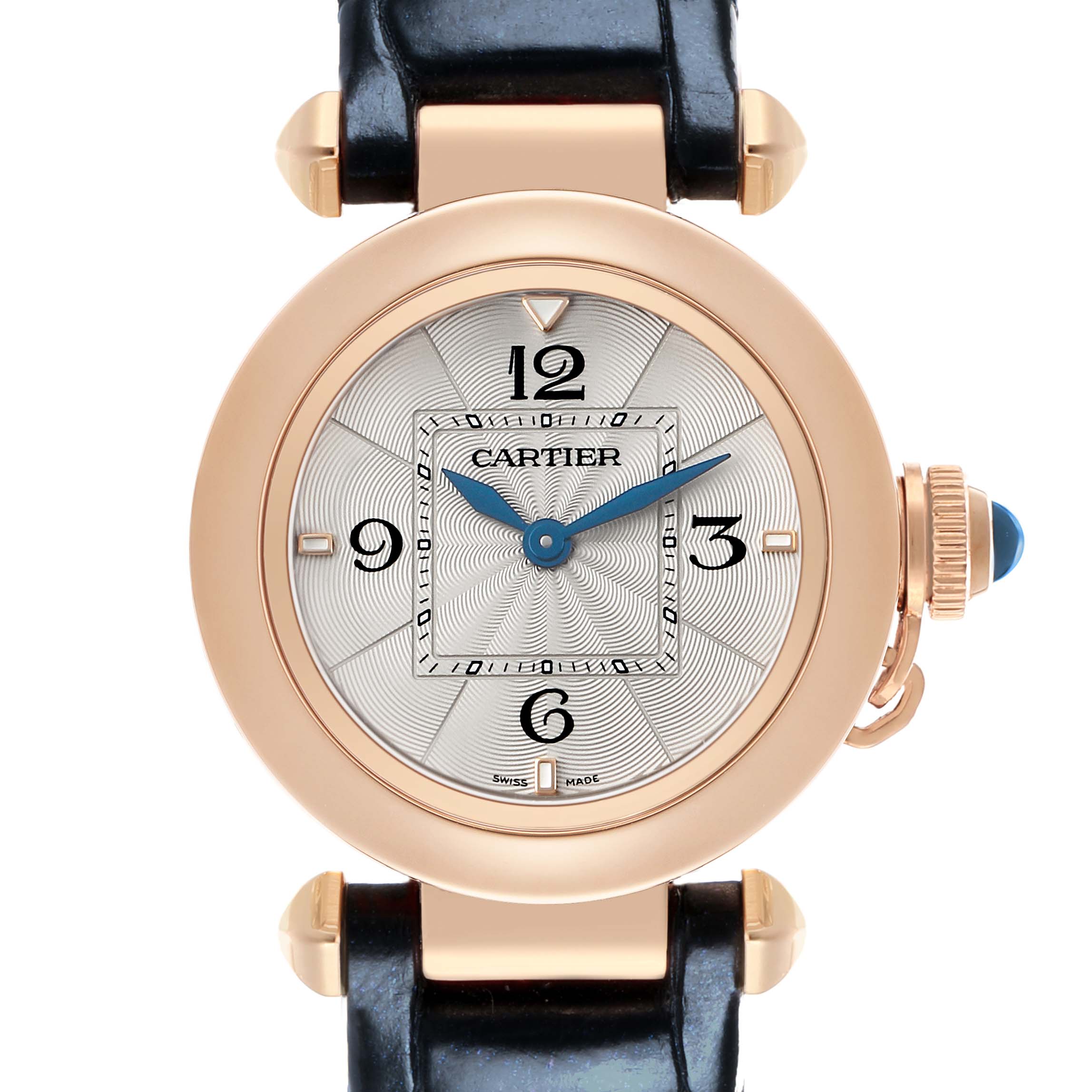 The Cartier Pasha WGPA0018 Women's Rose Gold Silver Dial watch is shown from the front, featuring its round case, black strap, crown with a blue gem, and elegant numerals.
