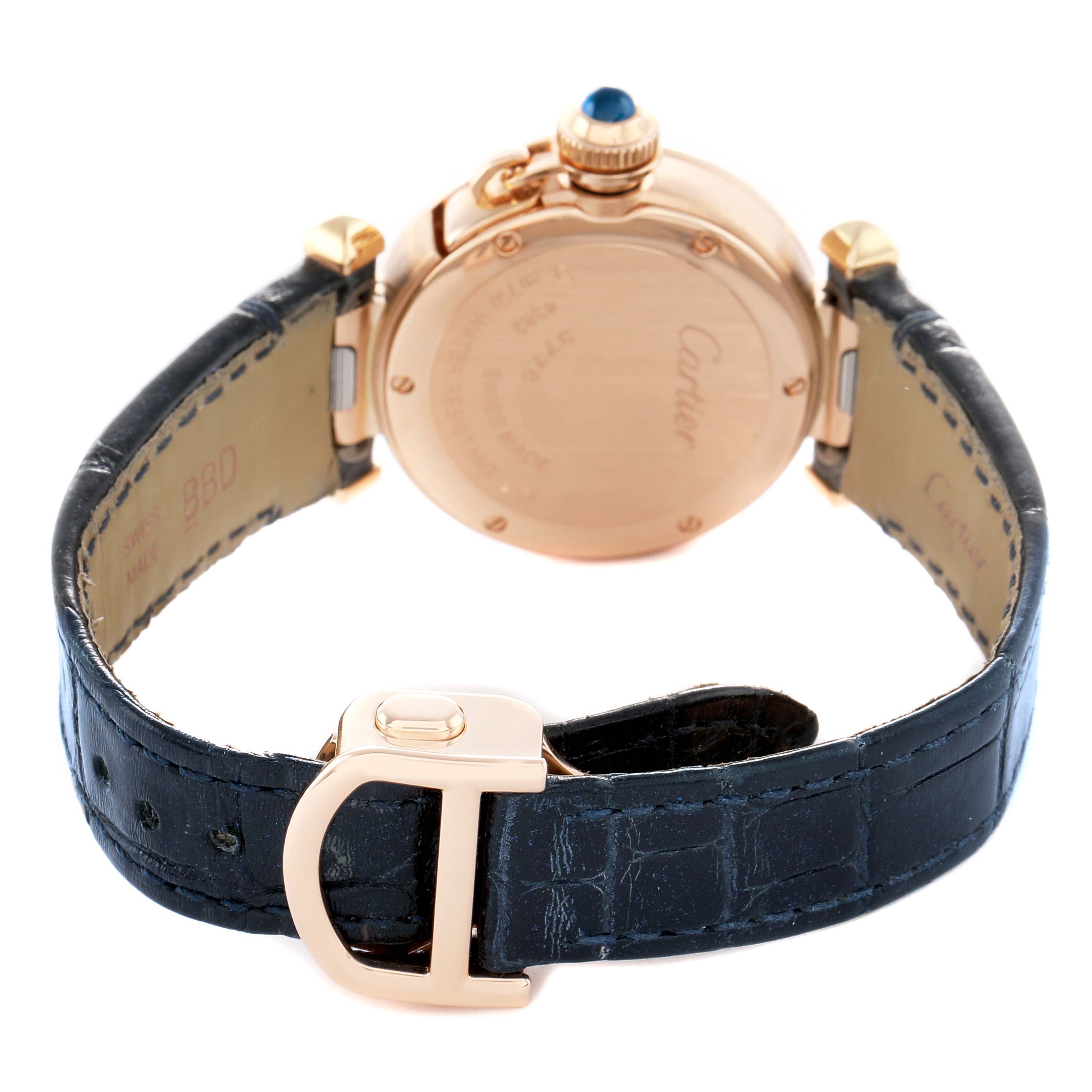 The image shows the back view of the Cartier Pasha WGPA0018 Women's Rose Gold Silver Dial watch, highlighting the case back, crown, and leather strap with buckle.