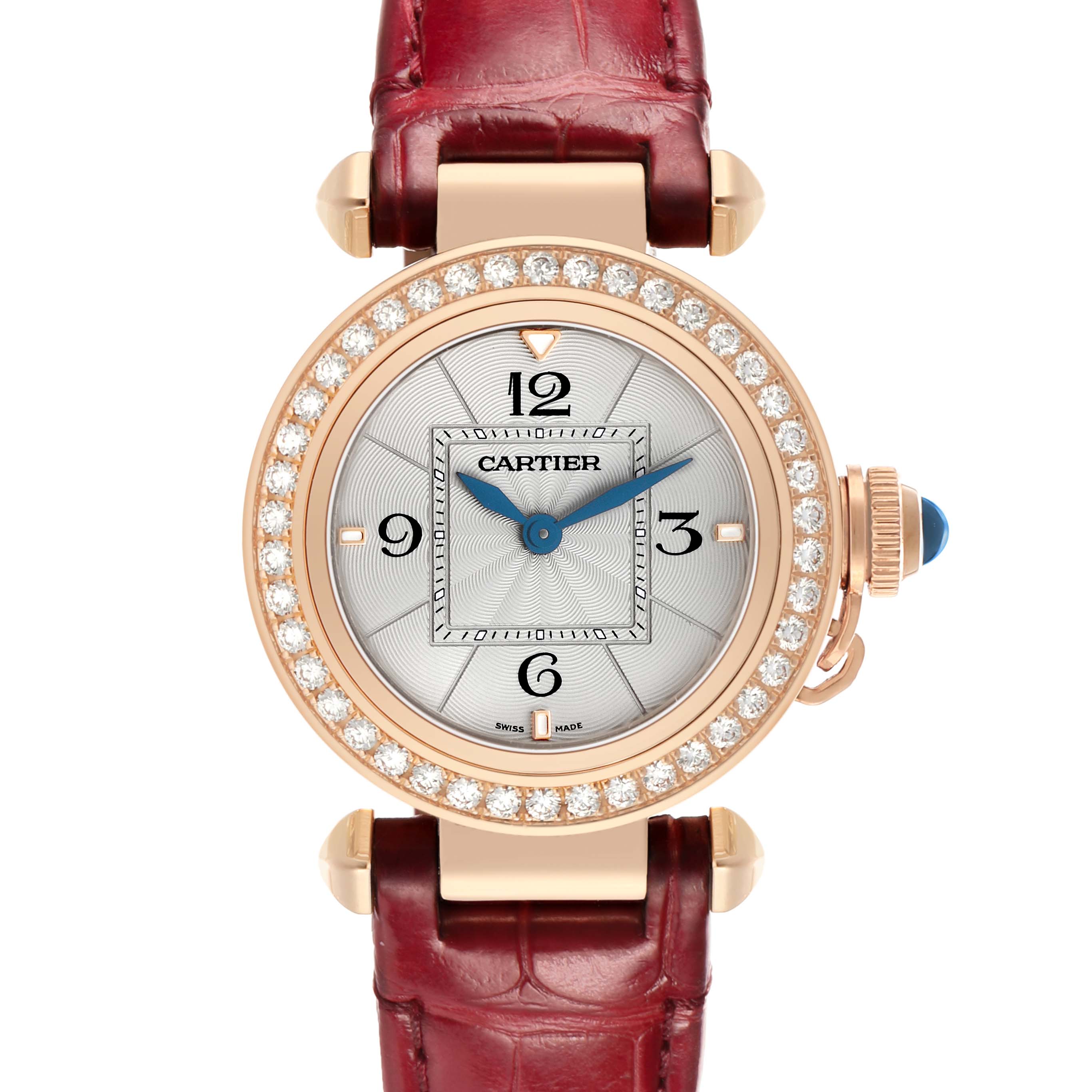 The Cartier Pasha WJPA0017 Women's Rose Gold Silver Dial watch is shown from the front, displaying its round diamond bezel, dial with Arabic numerals, and red strap.