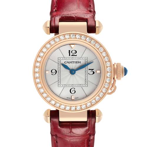 The Cartier Pasha WJPA0017 Women's Rose Gold Silver Dial watch is shown from the front, displaying the diamond-encrusted bezel, dial, and red strap.