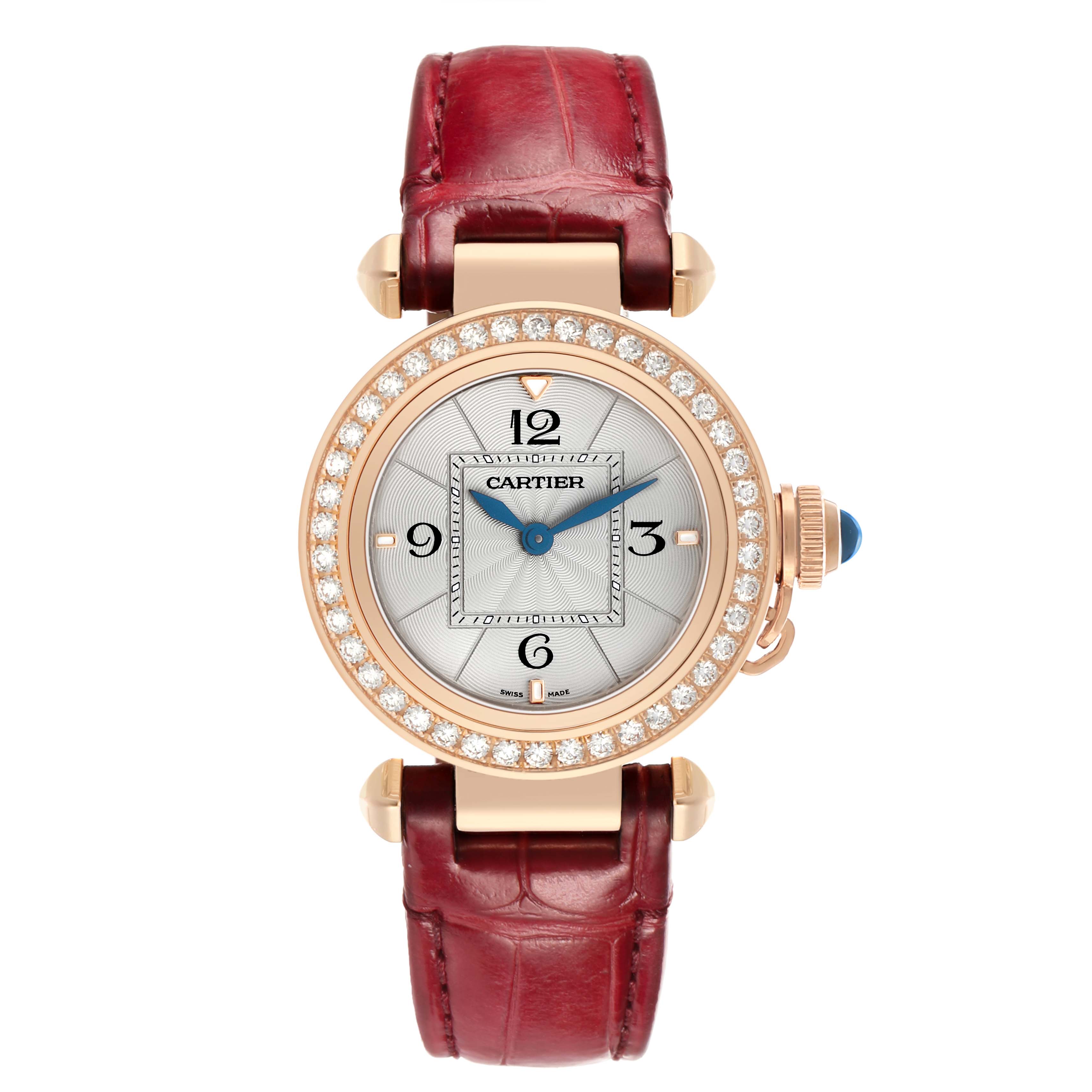 The Cartier Pasha WJPA0017 Women's Rose Gold Silver Dial watch is shown from a front view, displaying the face, bezel with diamonds, crown, and red leather strap.
