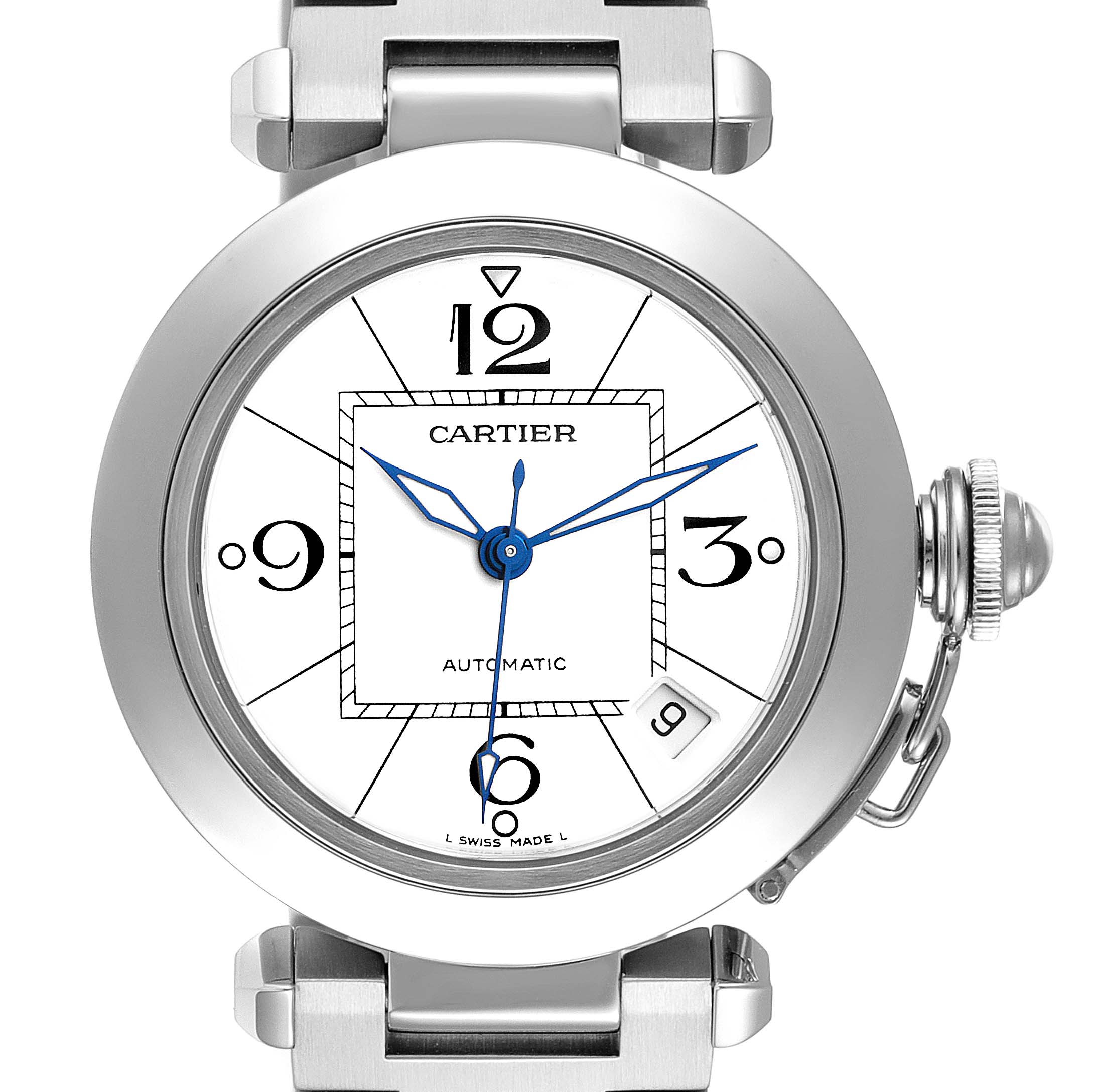 The image shows the front face of the Cartier Pasha W31074M7 Men's Stainless Steel White Dial W31074M7 Men's Stainless Steel White Dial watch, including its dial, crown, and part of the bracelet.