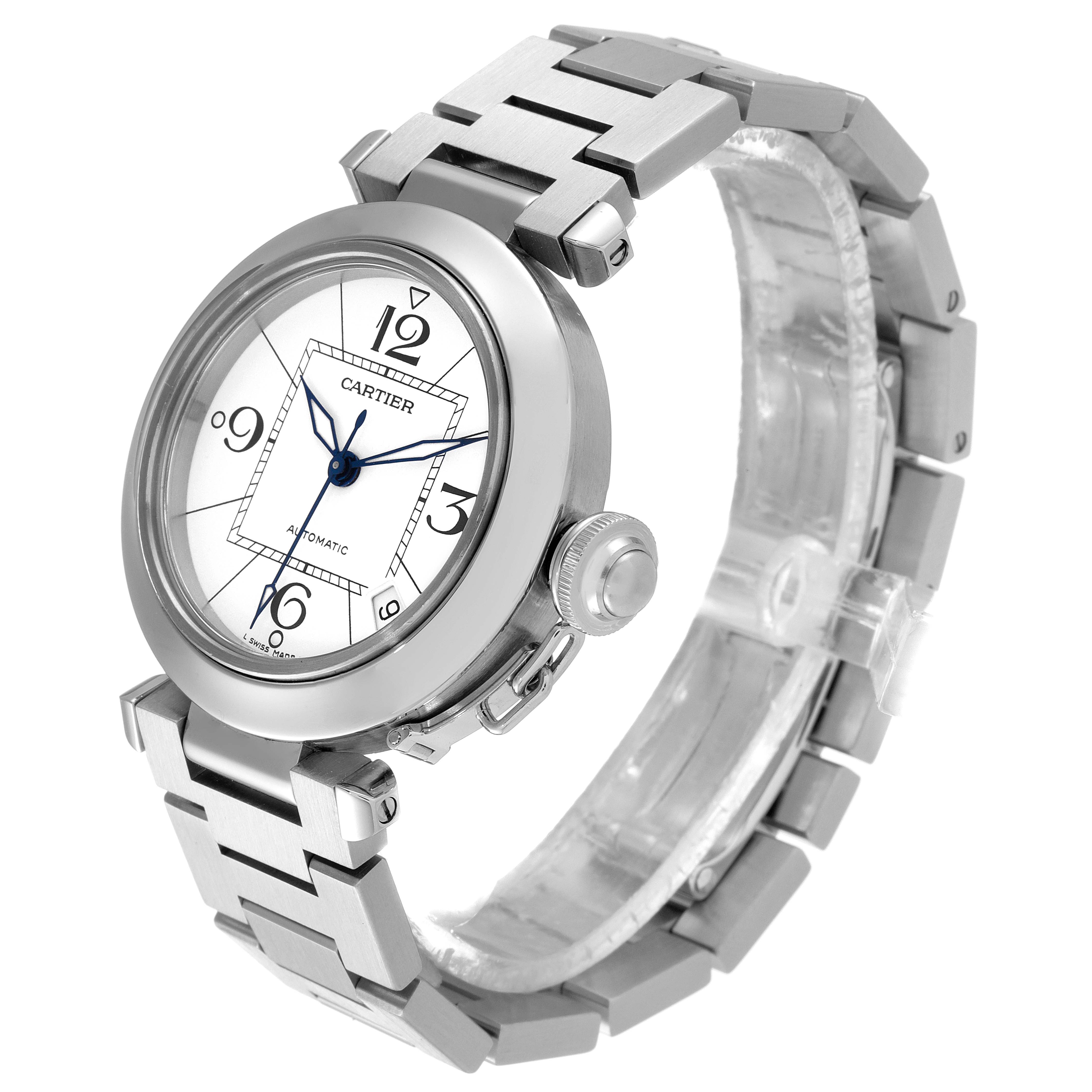 The image shows a Cartier Pasha W31074M7 Men's Stainless Steel White Dial W31074M7 Men's Stainless Steel White Dial model watch at a slight angle, highlighting the face, bezel, crown, and bracelet.