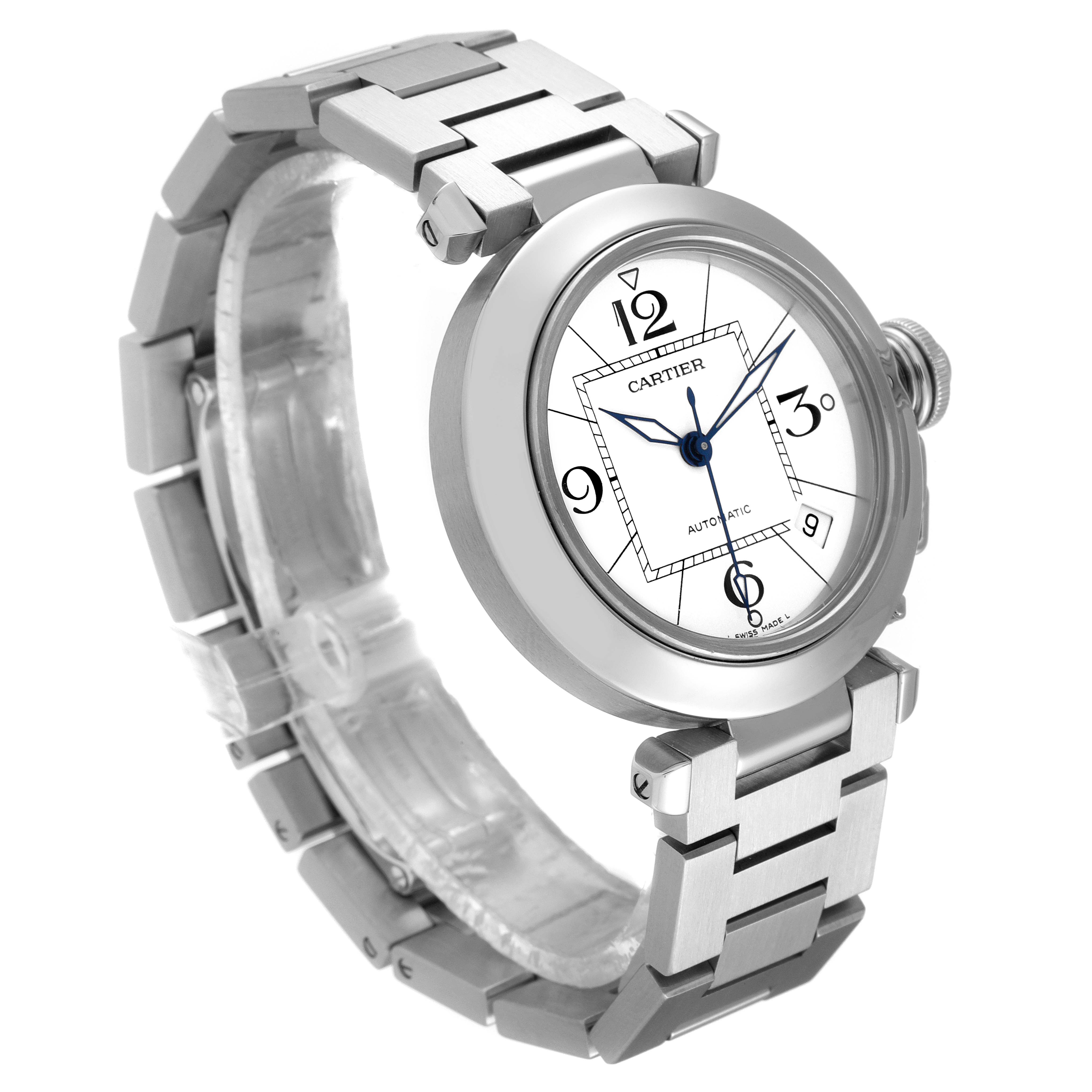 The image shows a Cartier Pasha W31074M7 Men's Stainless Steel White Dial W31074M7 Men's Stainless Steel White Dial watch at an angle highlighting its face, stainless steel bracelet, and crown.