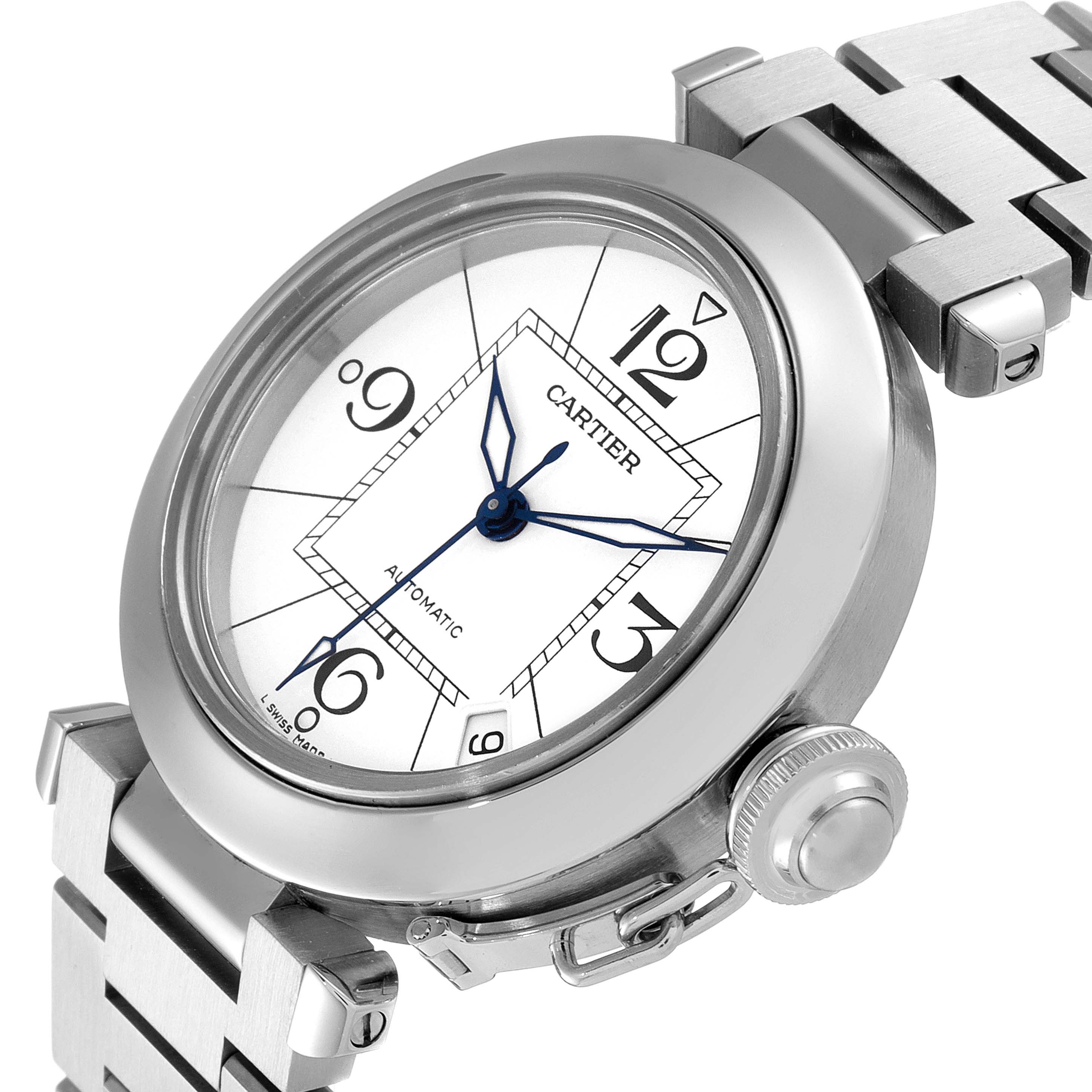 The image shows a Cartier Pasha W31074M7 Men's Stainless Steel White Dial W31074M7 Men's Stainless Steel White Dial watch from an angled view, highlighting its face, crown, and part of the bracelet.