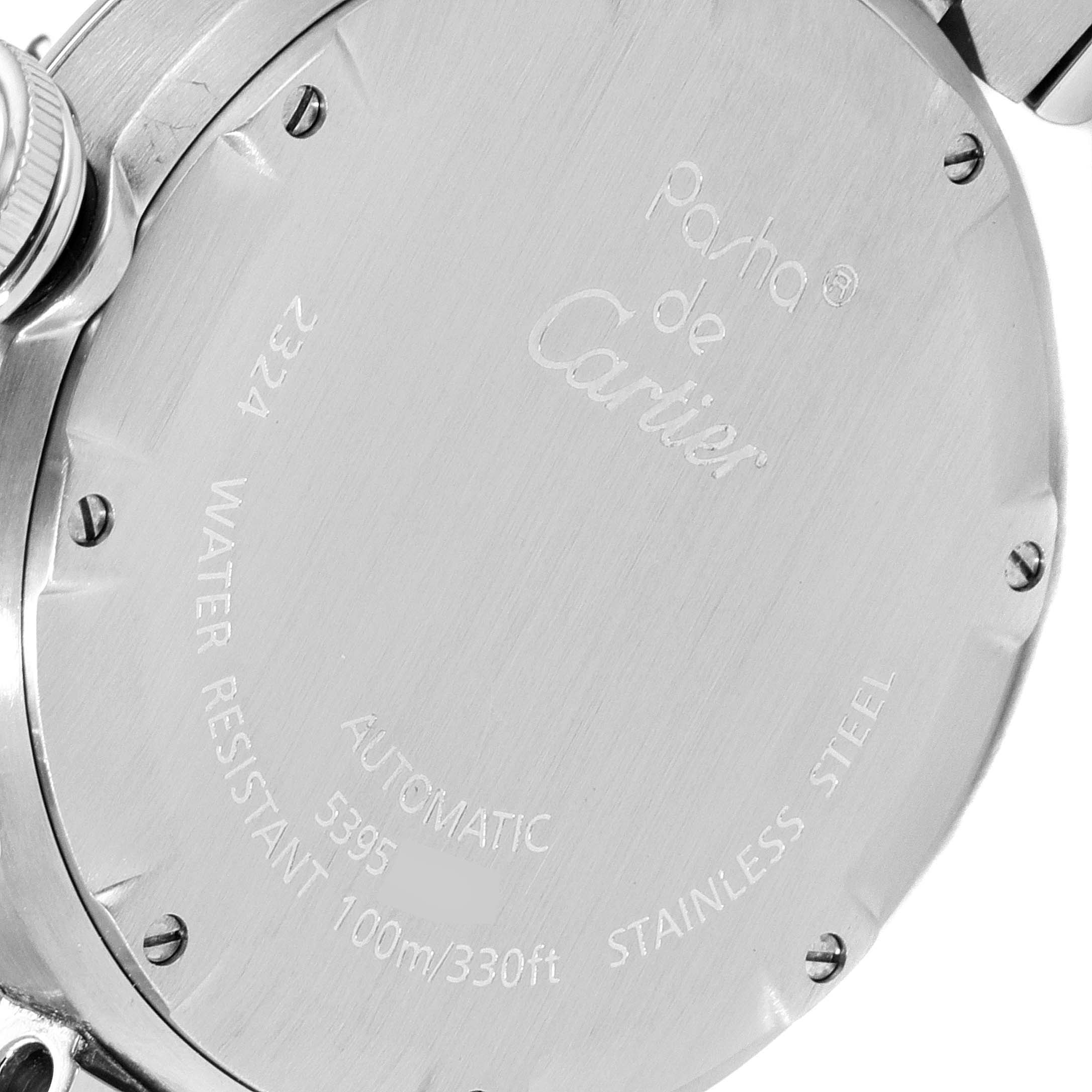 The image shows the back case of a Cartier Pasha W31074M7 Men's Stainless Steel White Dial W31074M7 Men's Stainless Steel White Dial watch, displaying details such as water resistance and material.