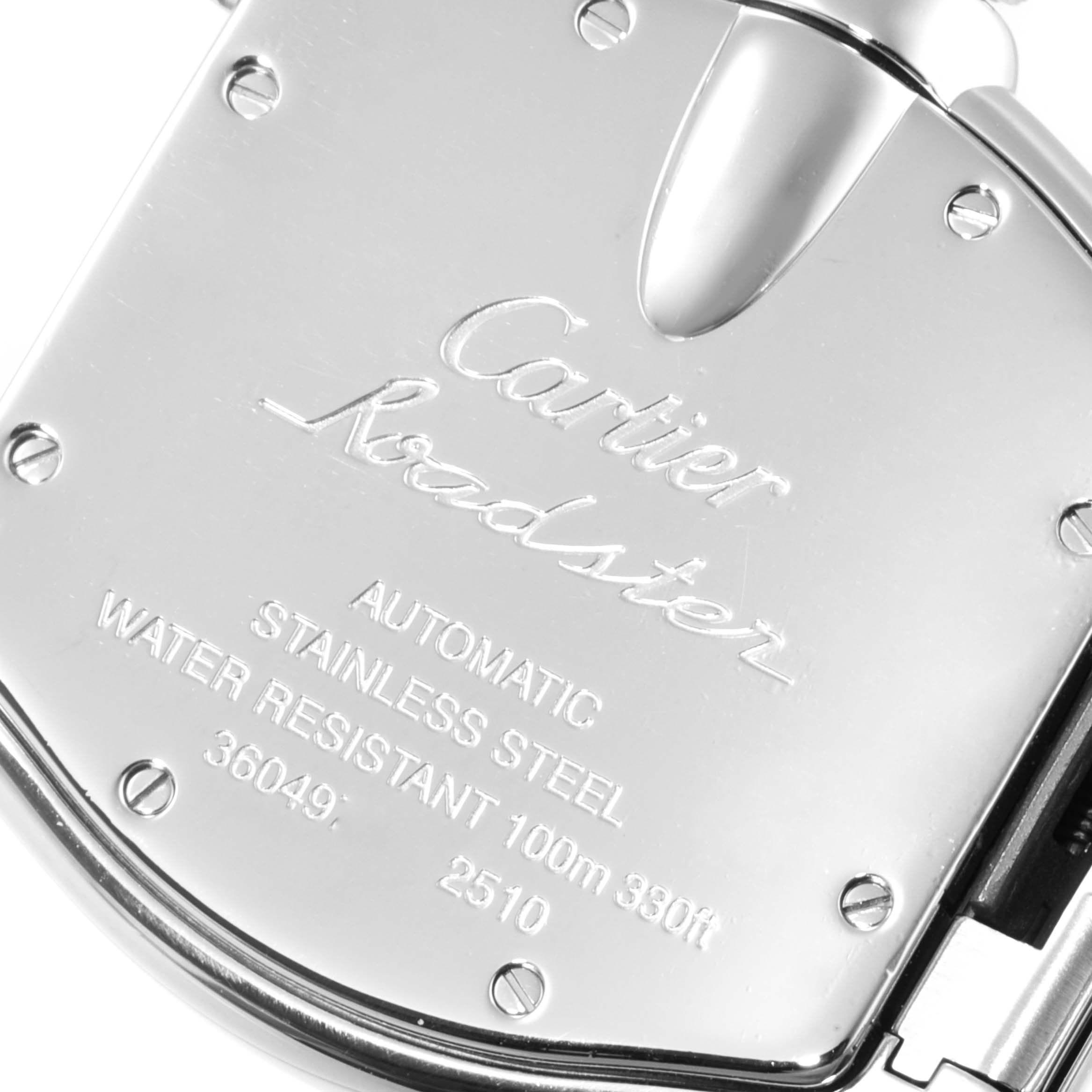 The image shows the back case of a Cartier Roadster W62001V3 Men's Stainless Steel Grey Dial W62001V3 Men's Stainless Steel Grey Dial watch, featuring engravings about the model and its specifications.