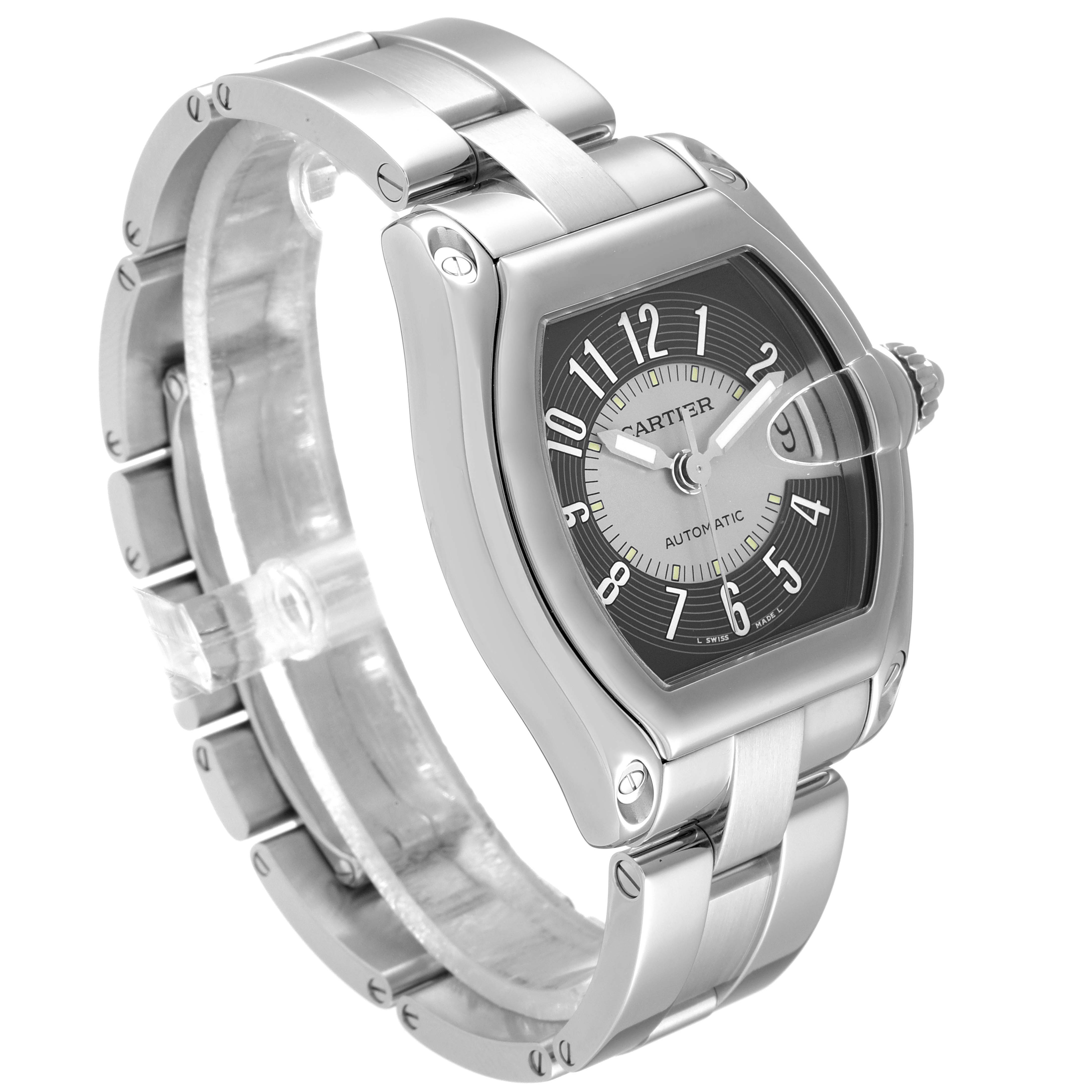 The image shows an angled view of a Cartier Roadster W62001V3 Men's Stainless Steel Grey Dial W62001V3 Men's Stainless Steel Grey Dial watch, highlighting the face, bezel, and stainless steel bracelet.