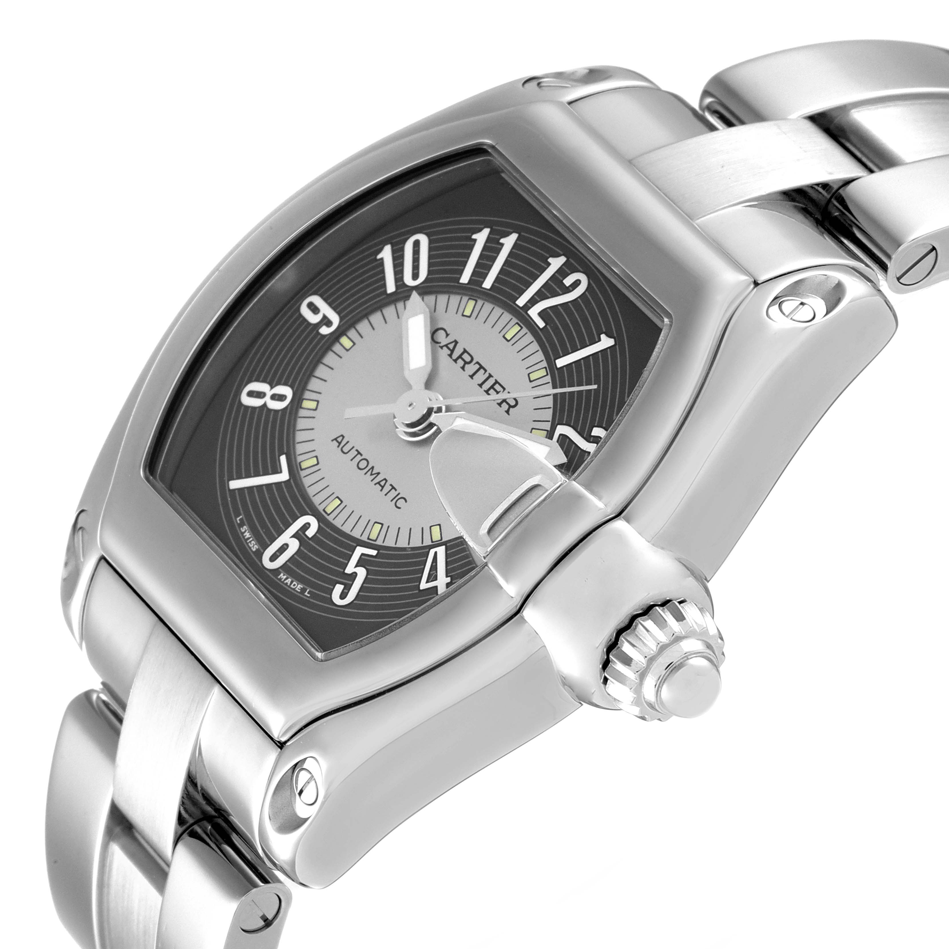This image shows a Cartier Roadster W62001V3 Men's Stainless Steel Grey Dial W62001V3 Men's Stainless Steel Grey Dial watch at an oblique angle, highlighting the face, crown, and part of the bracelet.