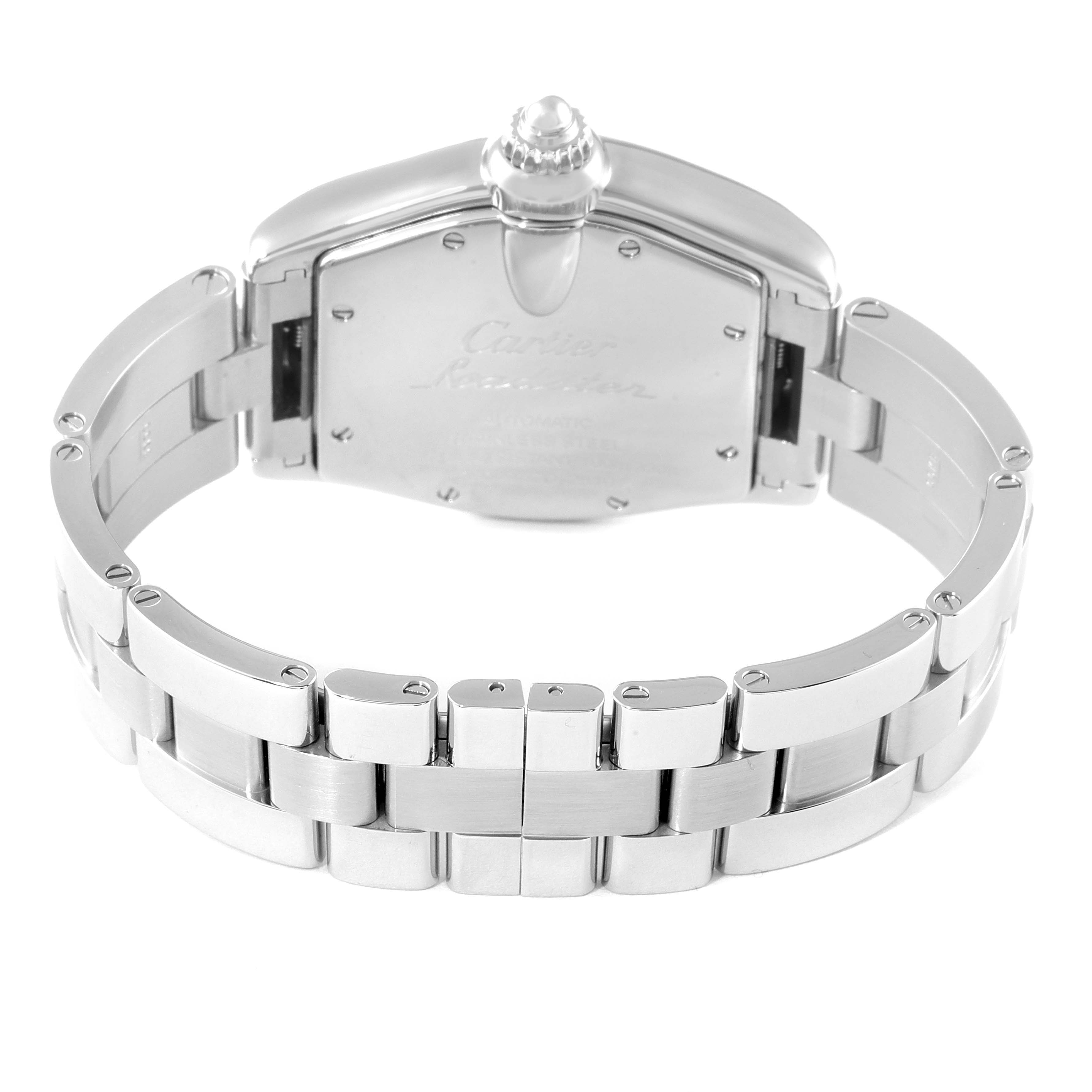 The image shows the back view of a Cartier Roadster W62001V3 Men's Stainless Steel Grey Dial W62001V3 Men's Stainless Steel Grey Dial watch displaying the case back and metal bracelet.