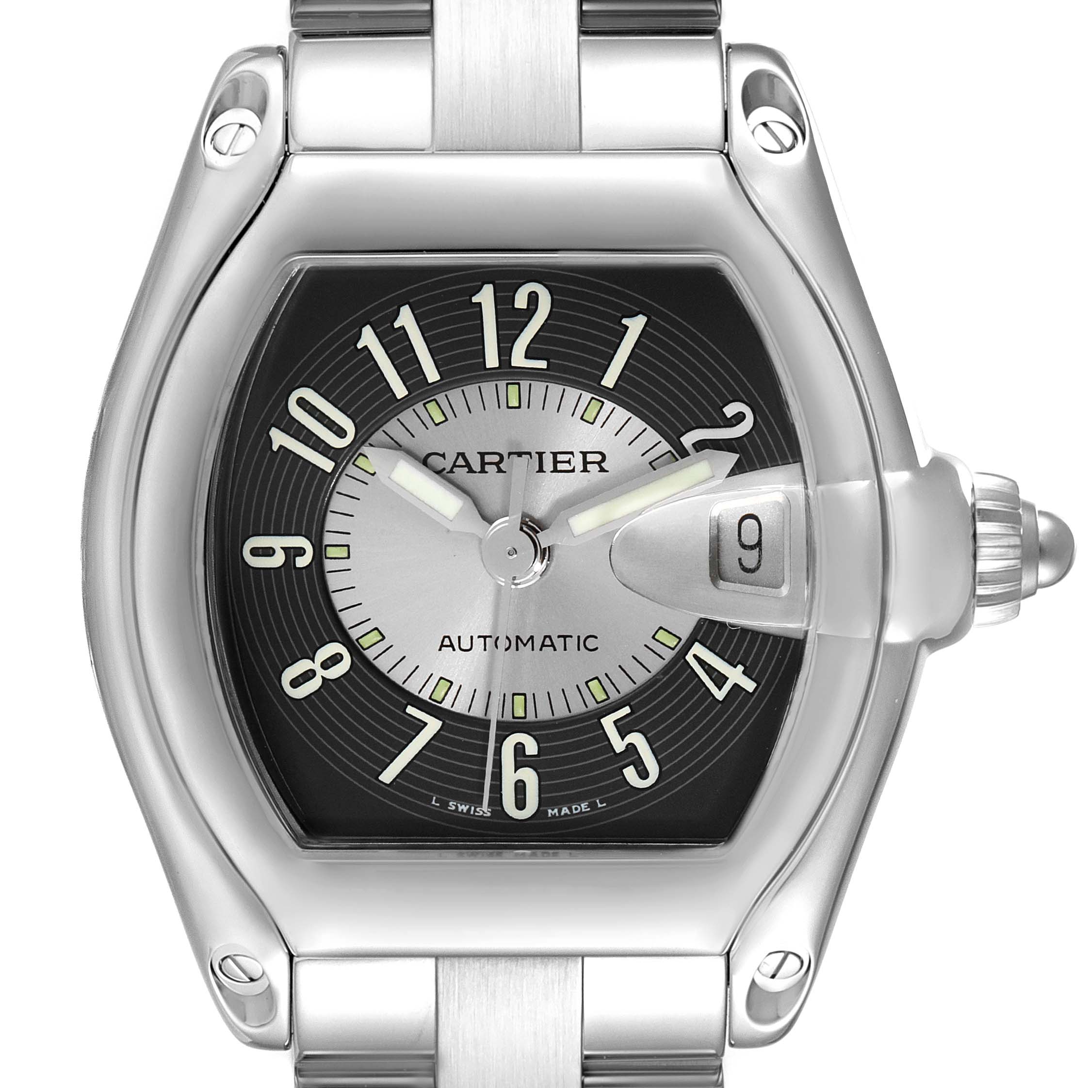This image shows a head-on view of a Cartier Roadster W62001V3 Men's Stainless Steel Grey Dial W62001V3 Men's Stainless Steel Grey Dial watch face and part of its bracelet.