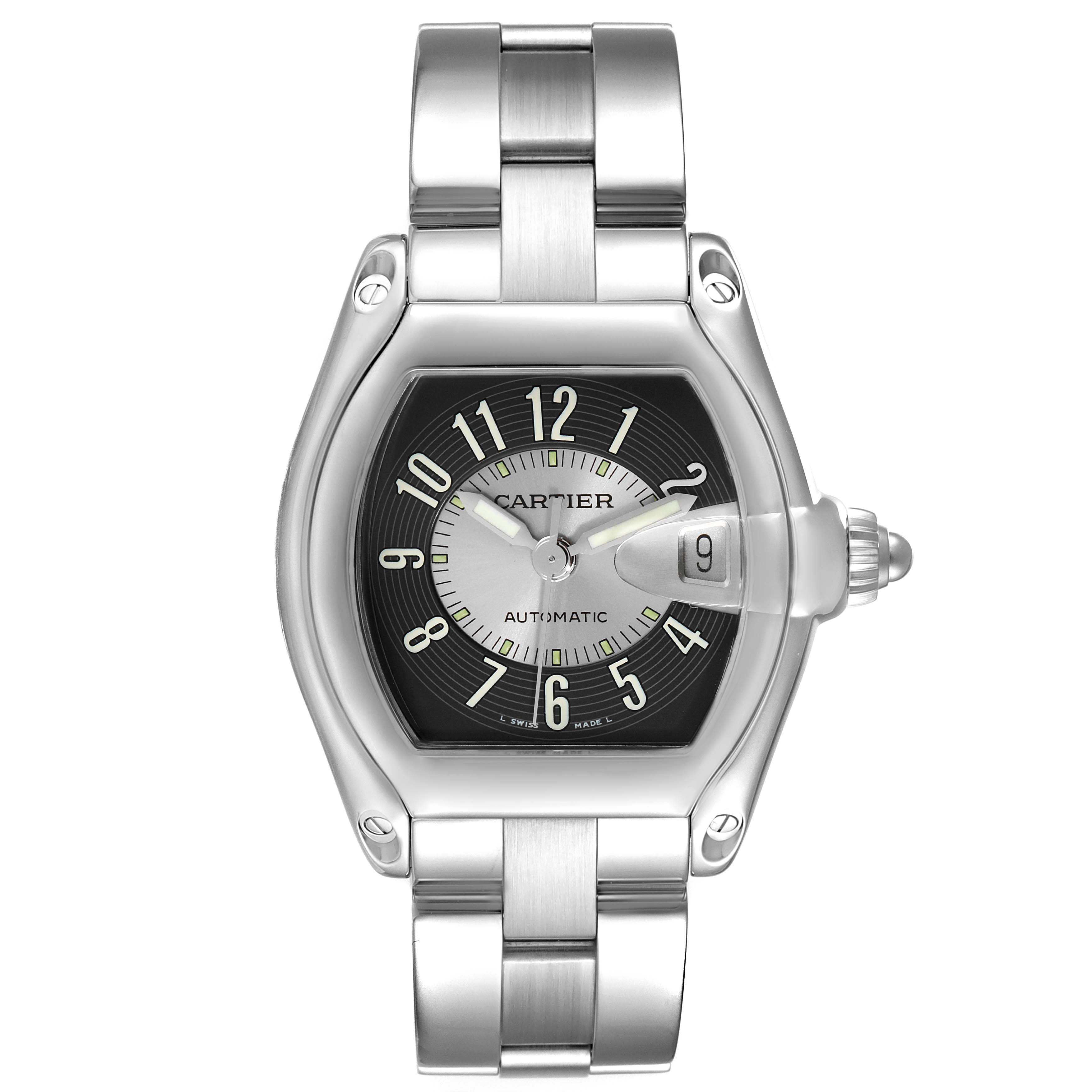 The image shows a Cartier Roadster W62001V3 Men's Stainless Steel Grey Dial W62001V3 Men's Stainless Steel Grey Dial watch from a top-down angle, highlighting its face, bracelet, and distinctive crown.
