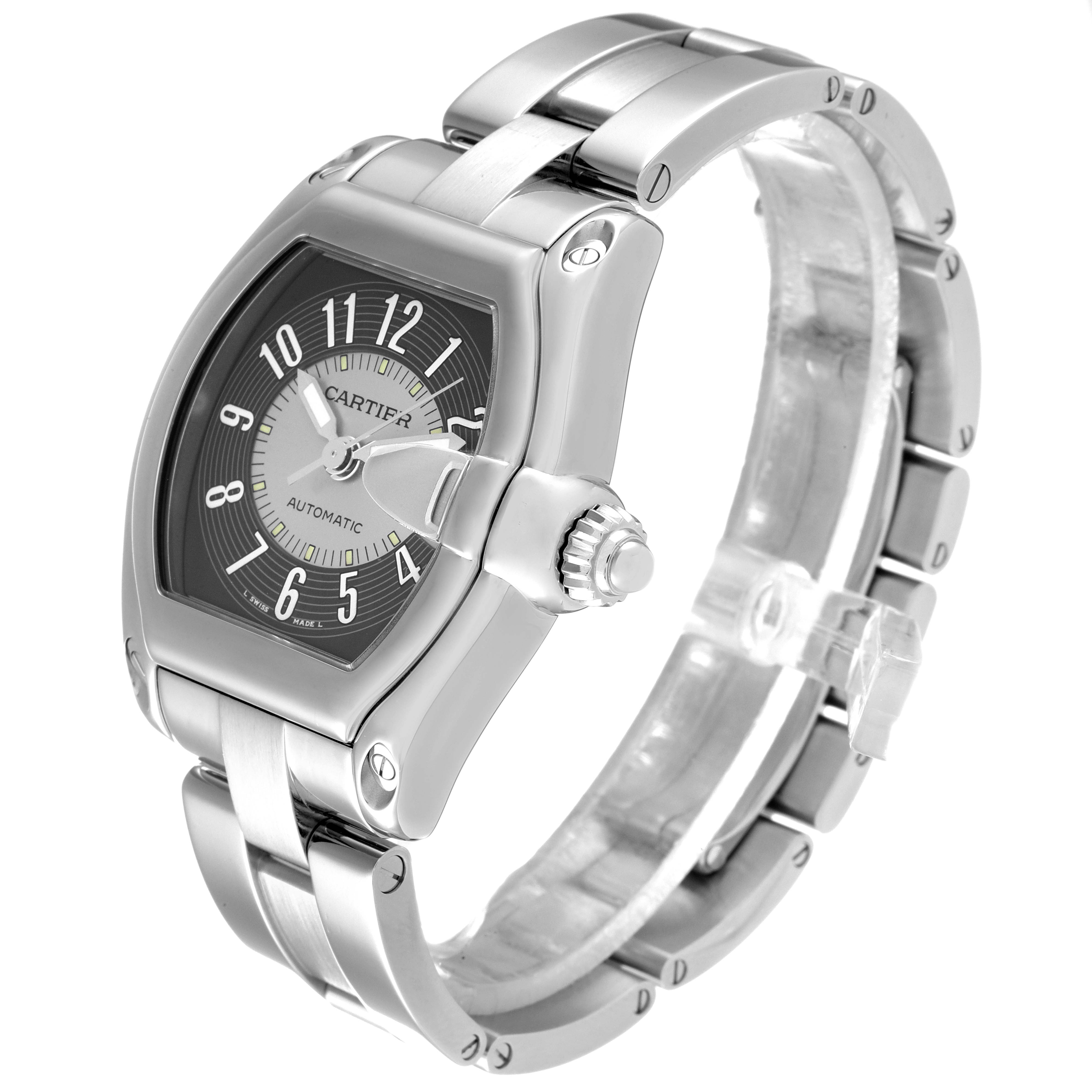 The image shows a Cartier Roadster W62001V3 Men's Stainless Steel Grey Dial W62001V3 Men's Stainless Steel Grey Dial watch at a three-quarter angle, highlighting its face, crown, and bracelet.
