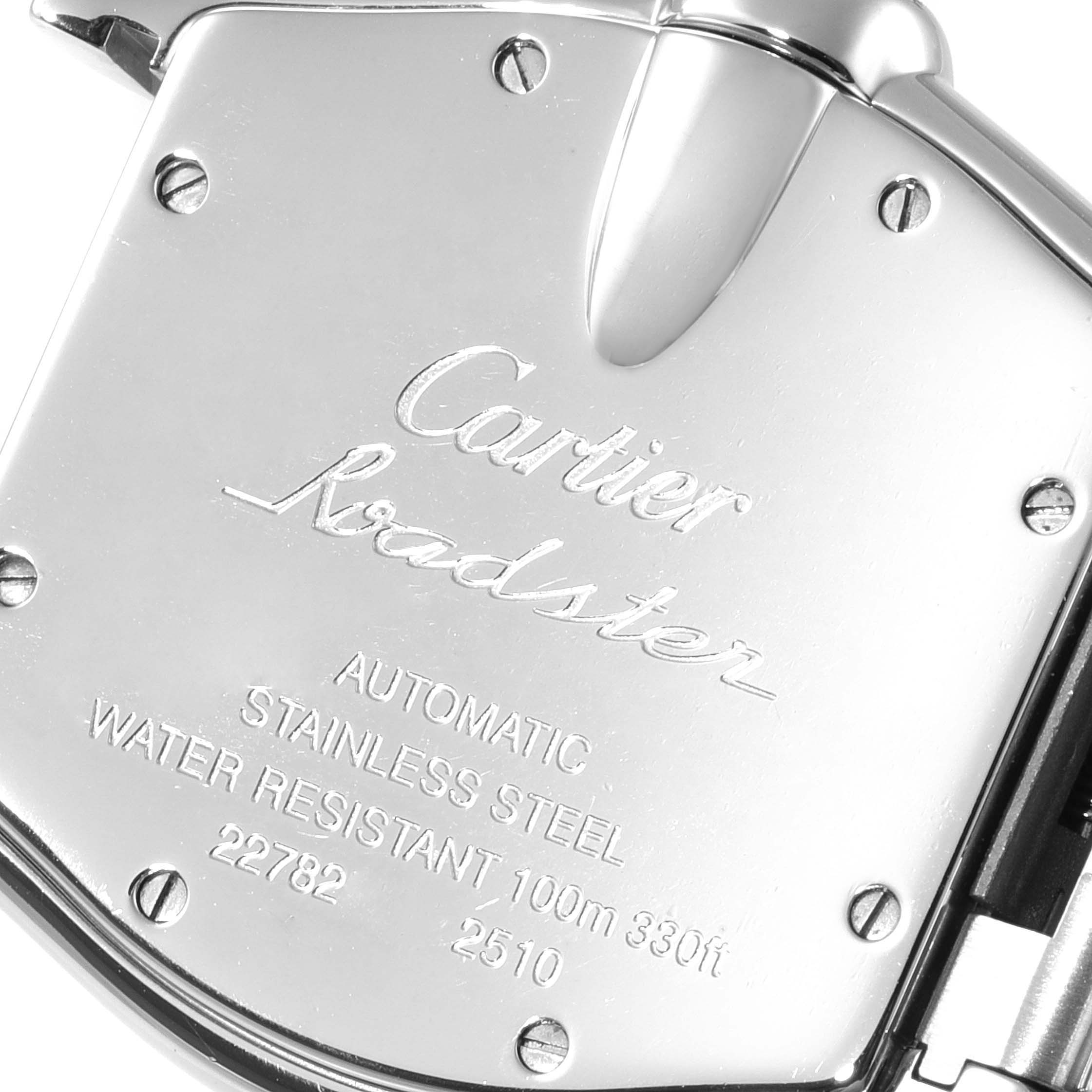 The image shows the case back of a Cartier Roadster W62025V3 Men's Stainless Steel Silver Dial W62025V3 Men's Stainless Steel Silver Dial watch, detailing its specifications and brand engravings.