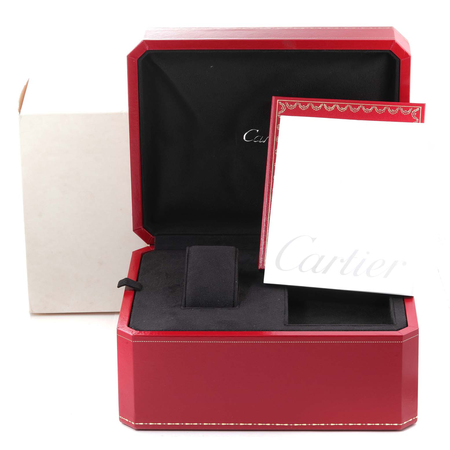 The image shows an open red watch box for a Cartier Roadster W62025V3 Men's Stainless Steel Silver Dial W62025V3 Men's Stainless Steel Silver Dial model, featuring a black interior and a printed booklet.