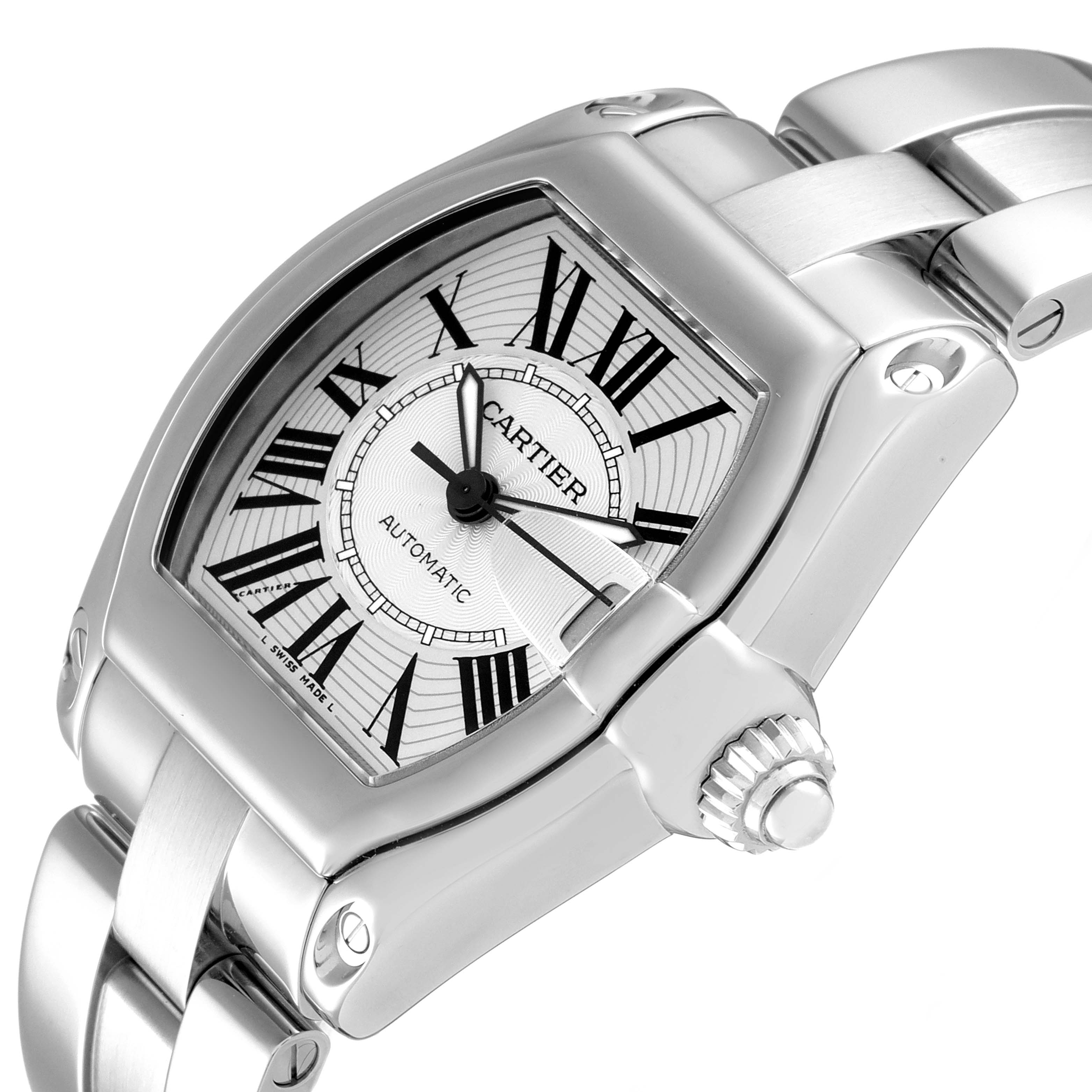 The image shows a Cartier Roadster W62025V3 Men's Stainless Steel Silver Dial W62025V3 Men's Stainless Steel Silver Dial watch at an angle focusing on the face, bezel, and partial bracelet.